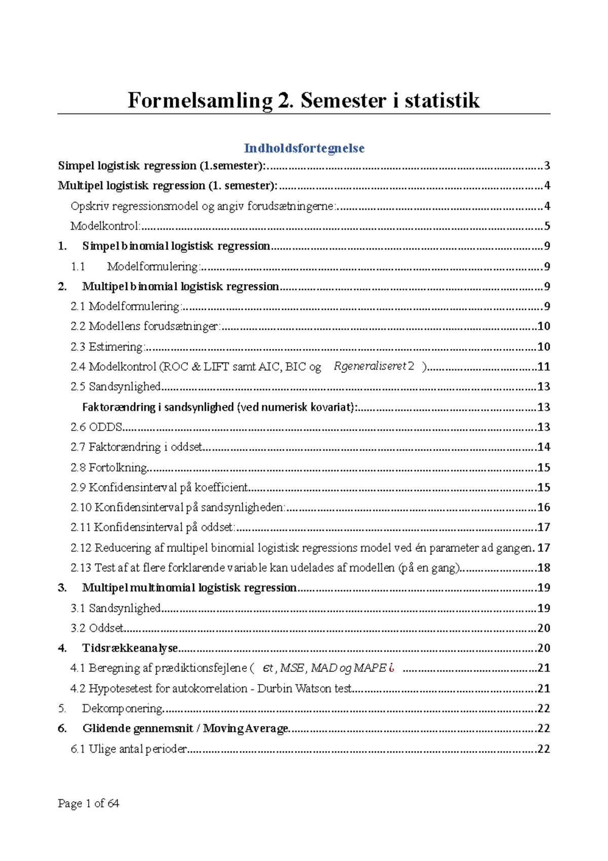 Formelsamling Statistik - Formelsamling 2. Semester I Statistik Simpel ...