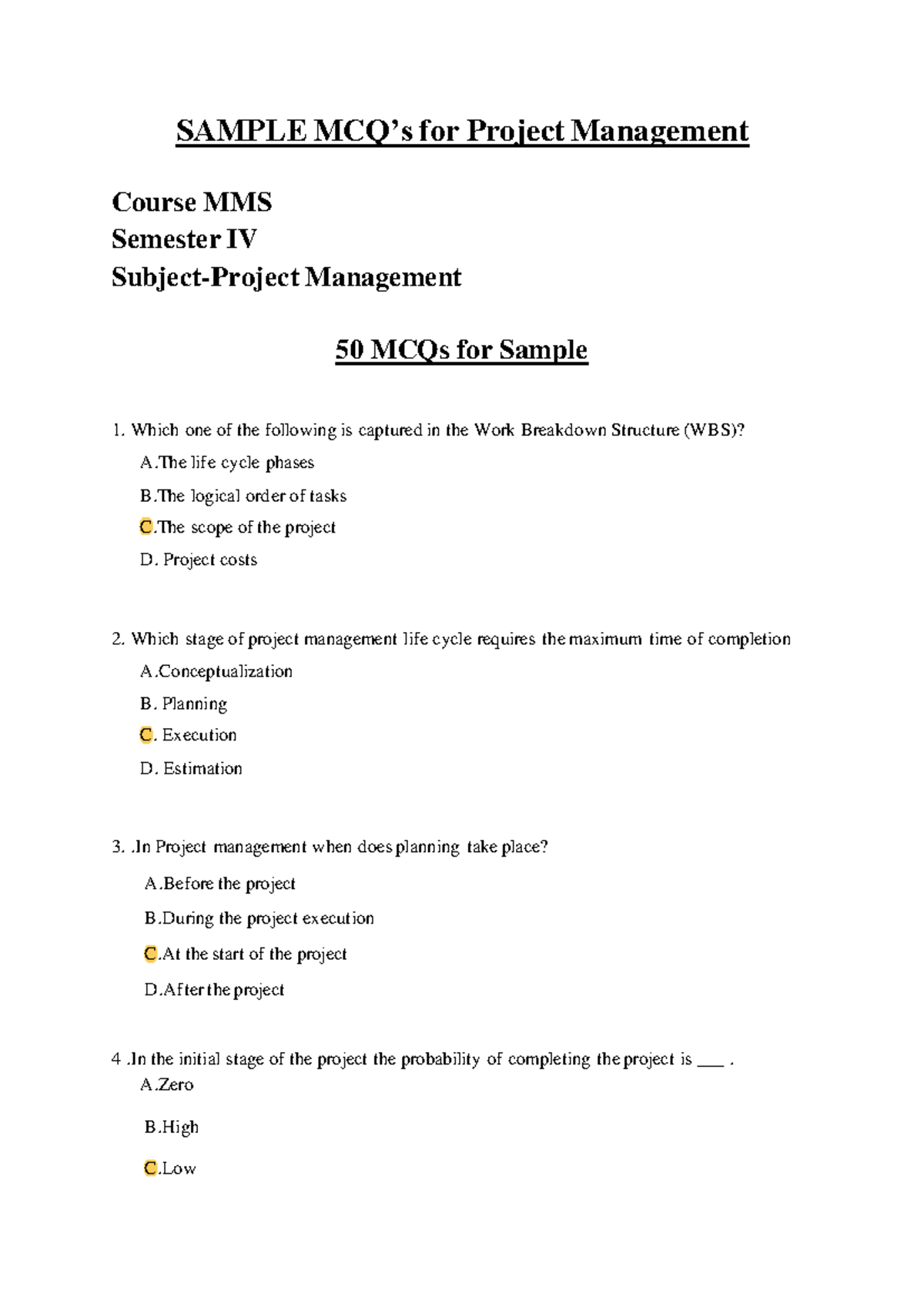 50 MCQs Sample for Project Management SAMPLE MCQ’s for Project