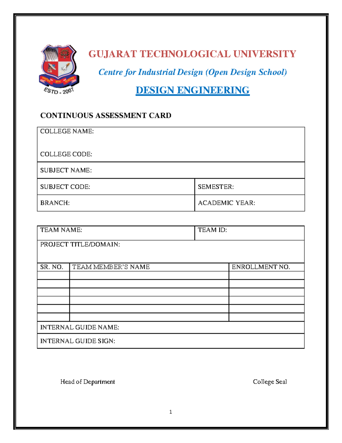 DE Continuous Assessment CARD Format - GUJARAT TECHNOLOGICAL UNIVERSITY ...