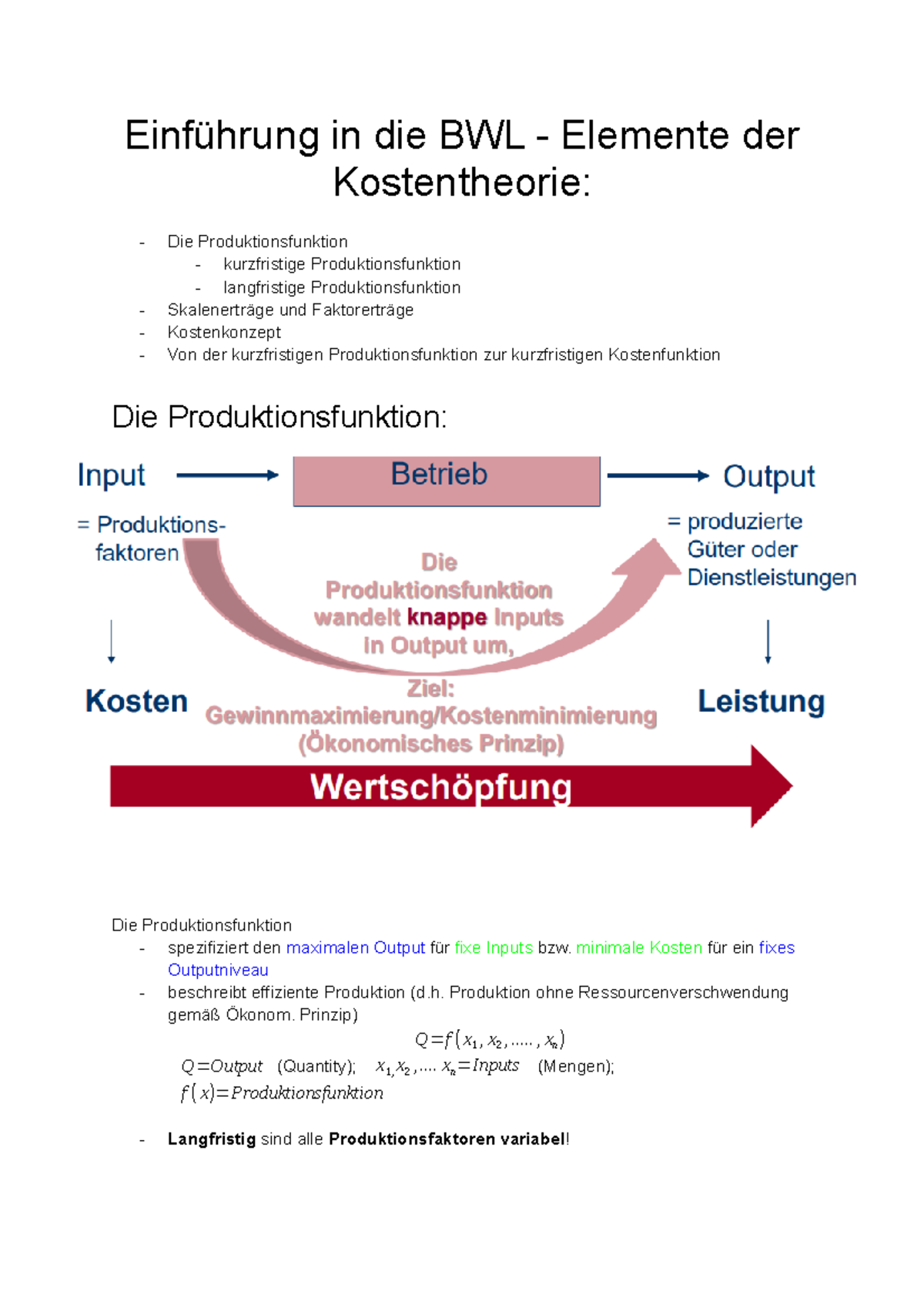 W4 Produktion Und Kosten - Einführung In Die BWL - Elemente Der ...