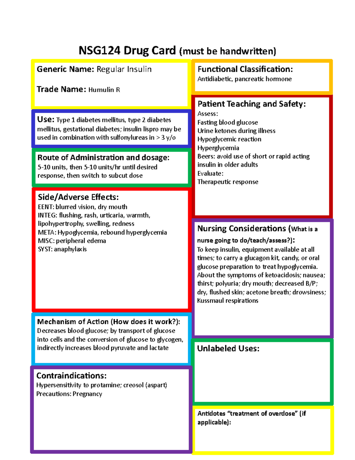 Regular Insulin - NSG124 Drug Card (must be handwritten) Side/Adverse