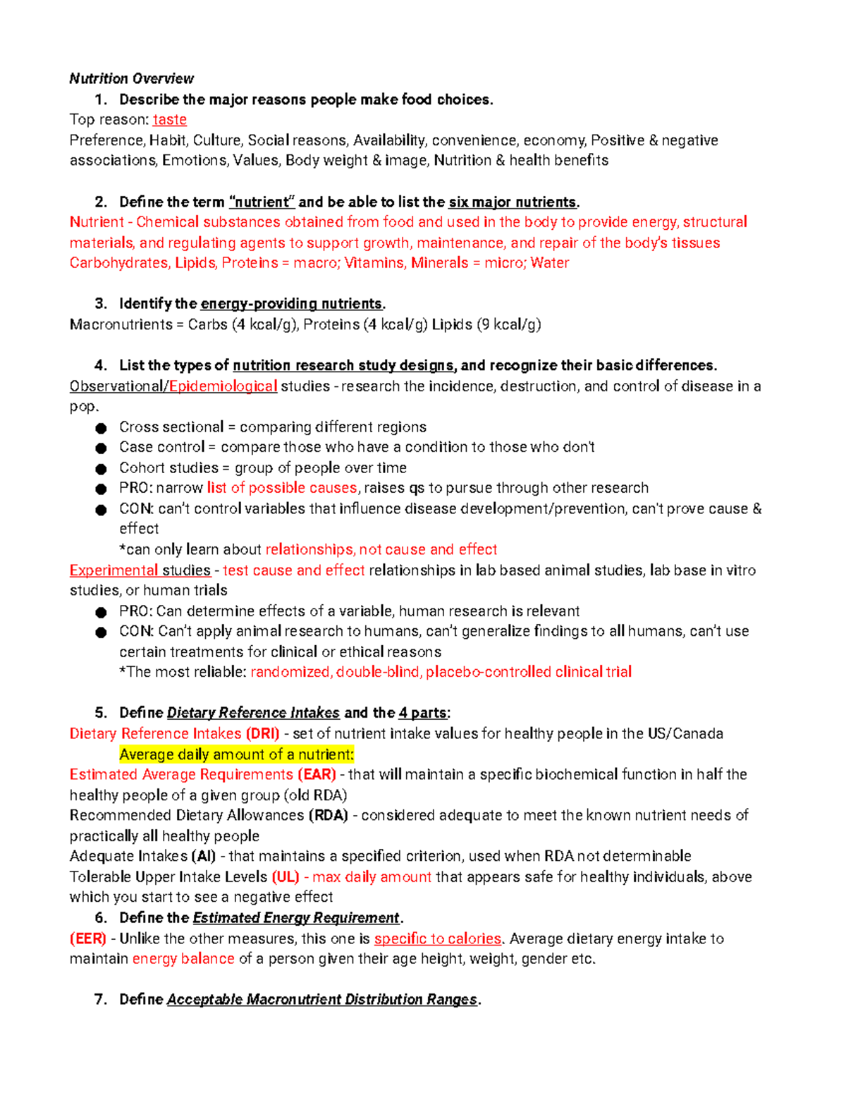 NUT Midterm - Study Guide - Nutrition Overview 1. Describe The Major ...