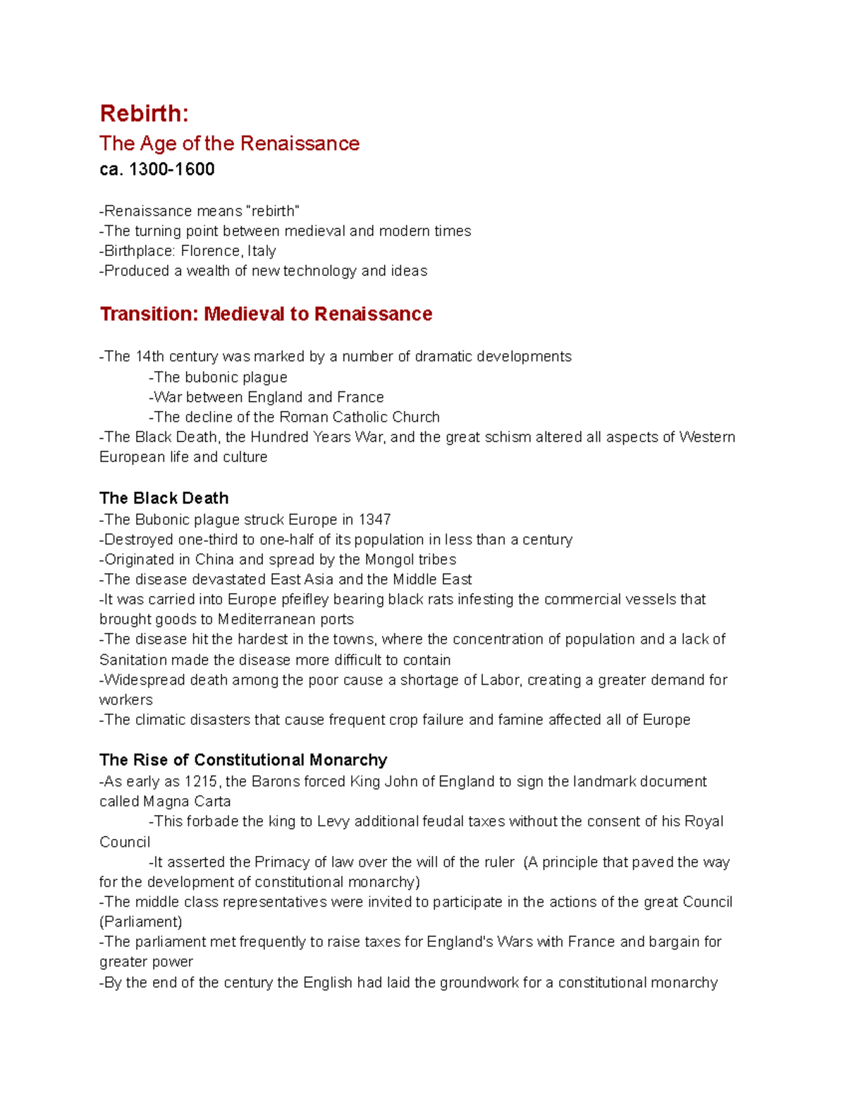 Chapter 7 Notes - Rebirth: The Age of the Renaissance ca ...