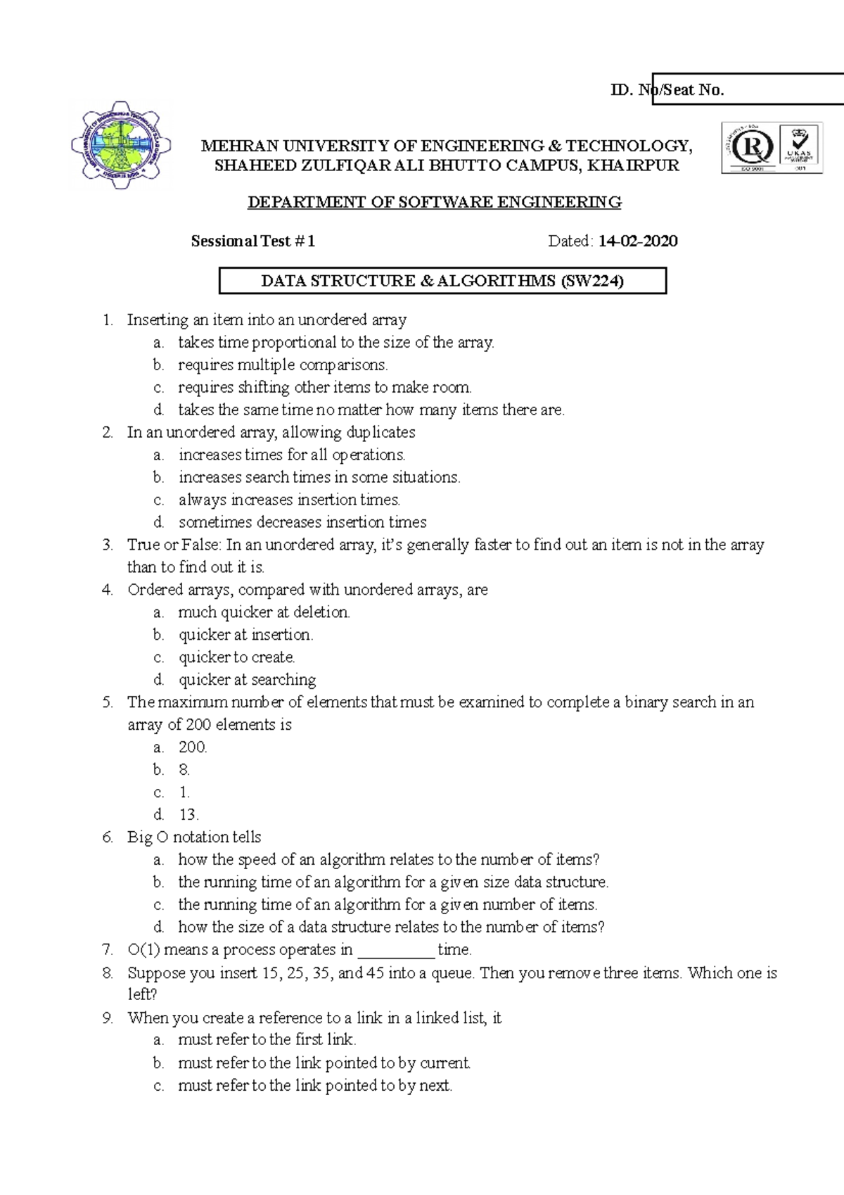 Data Structure Sessional Test - ID. No. MEHRAN UNIVERSITY OF ...