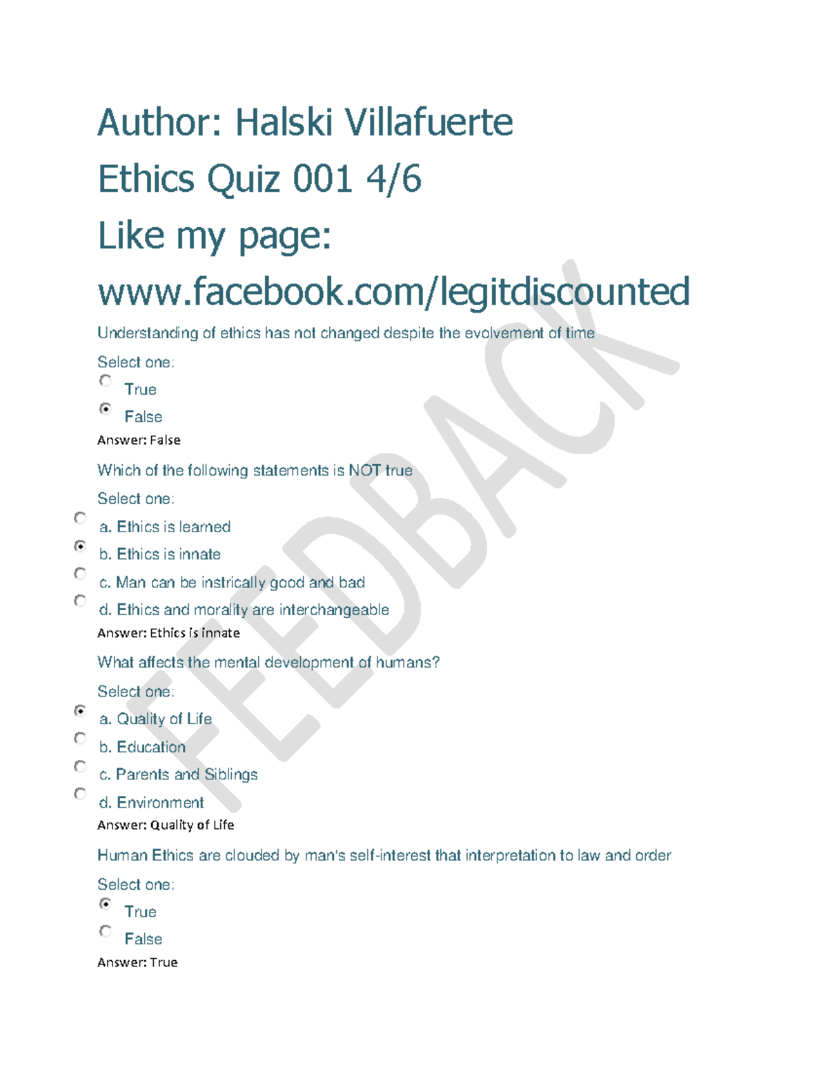 Ethics Quiz 001 04 06 - Quizz - Author: Halski Villafuerte Ethics Quiz ...