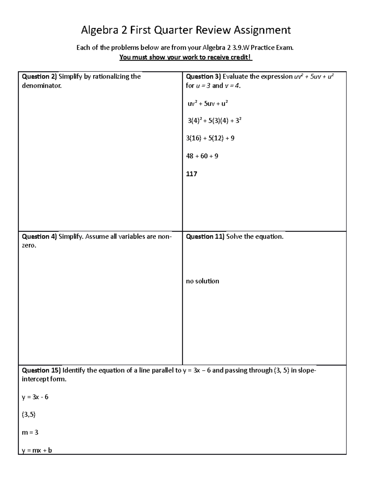 Algebra+2+ +Quarter+1+Review+Assignment - Algebra 2 First Quarter ...