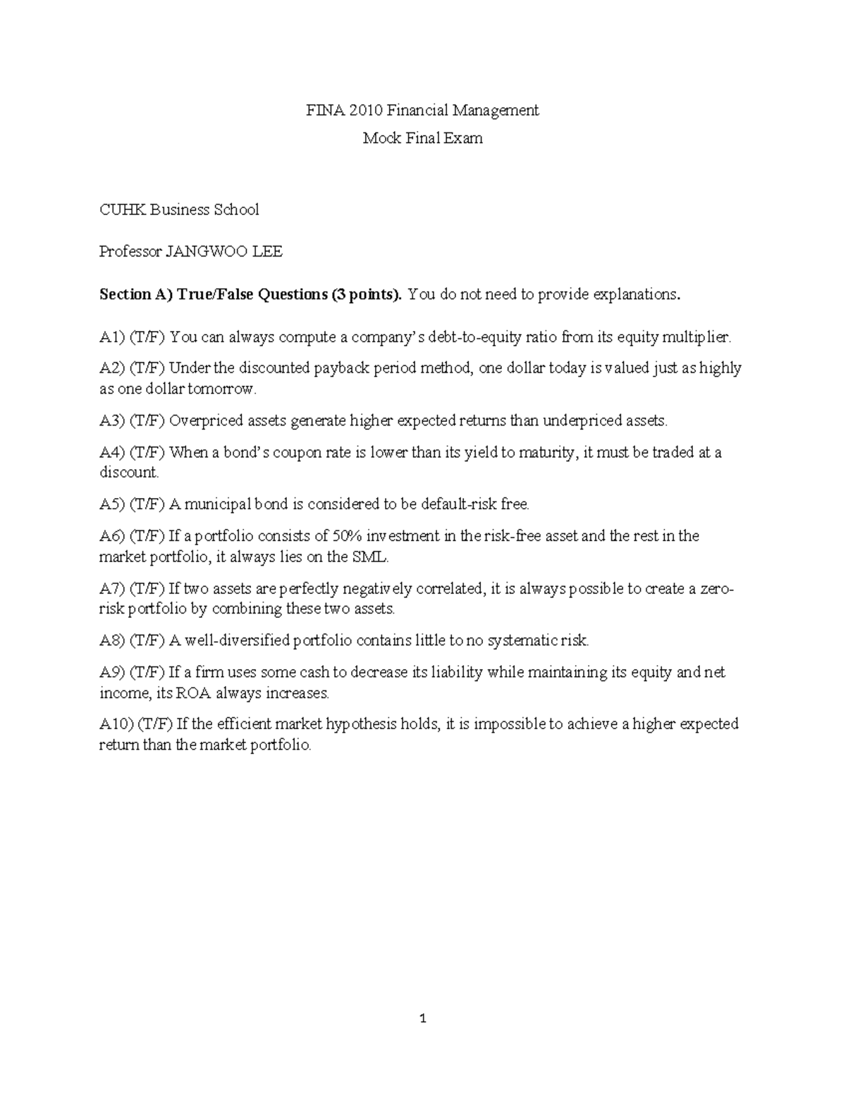 FINA2010 Final Exam practice fixed - FINA 2010 Financial Management ...