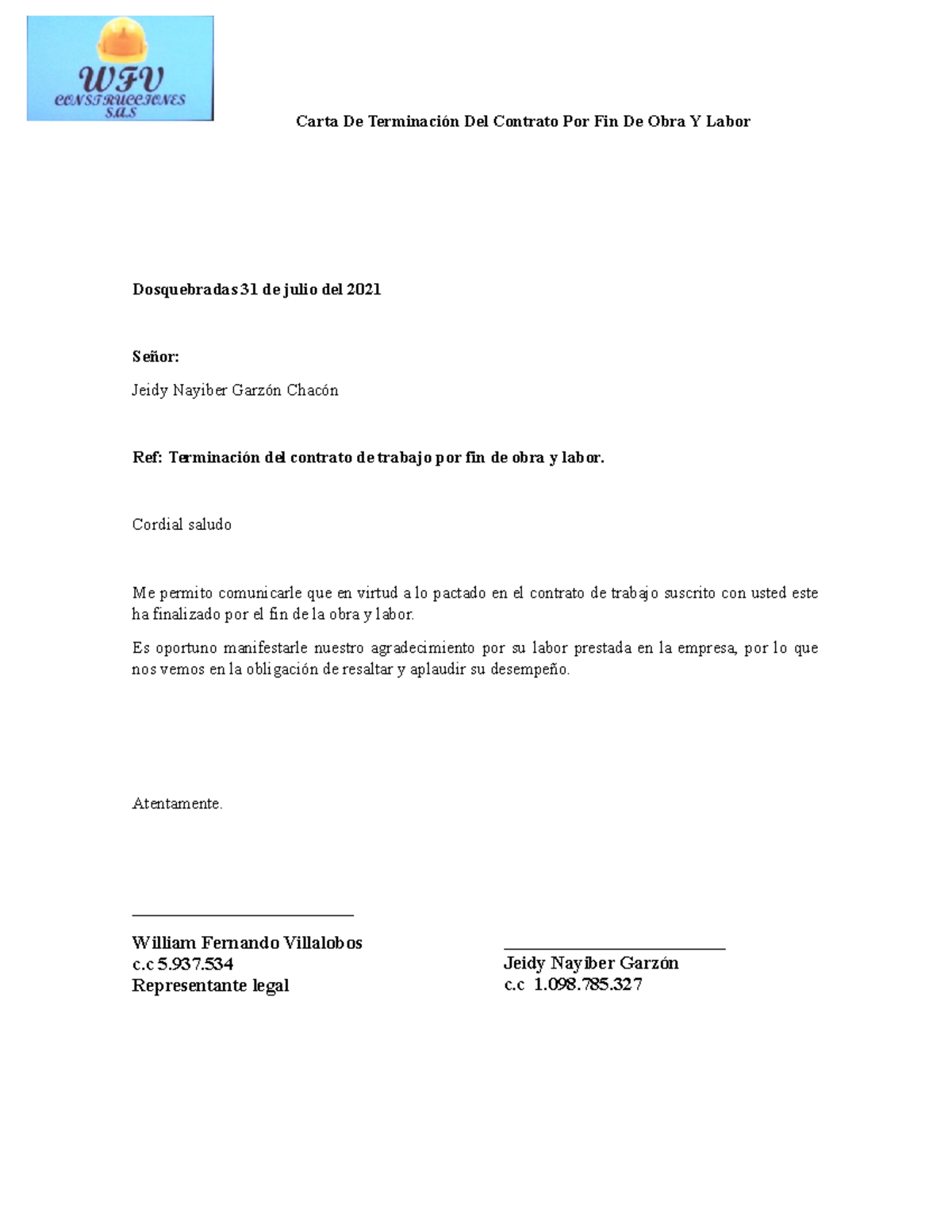 Carta De Terminación Del Contrato Por Fin De Obra Y Labor Carta De