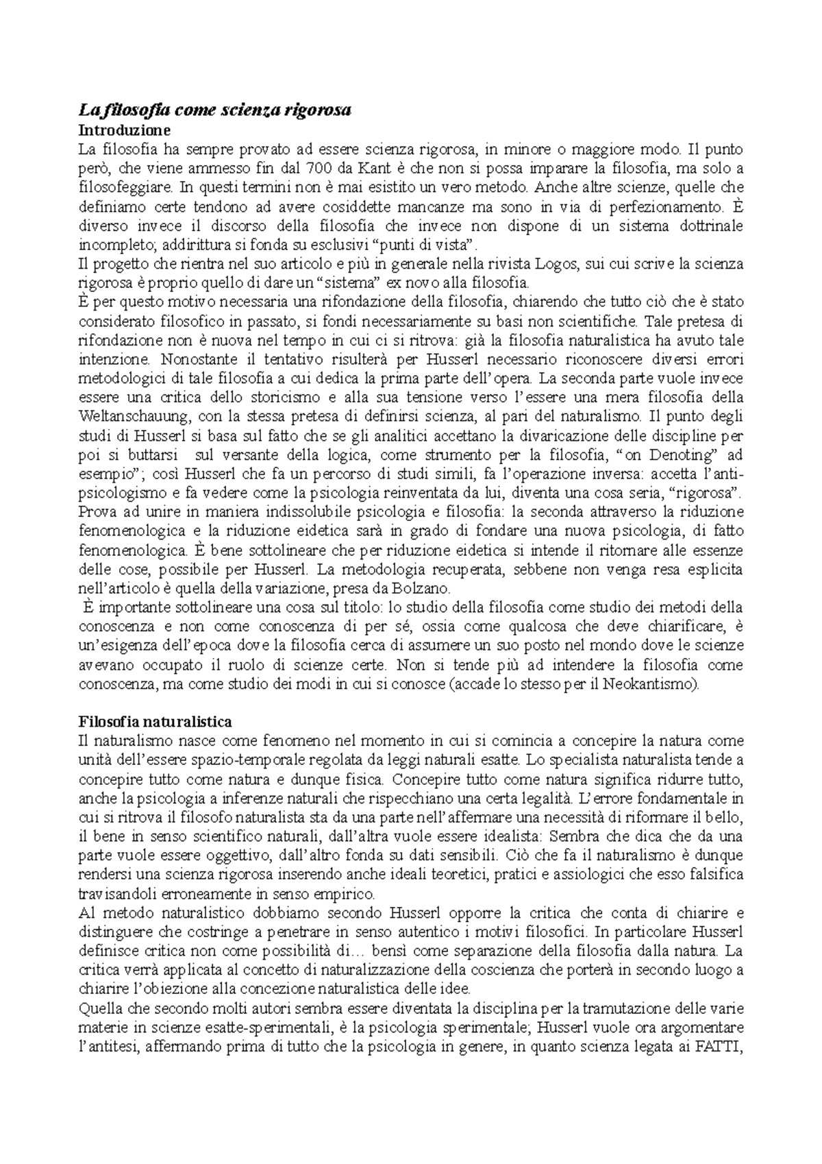 Riassunto la filosofia come scienza rigorosa La filosofia come