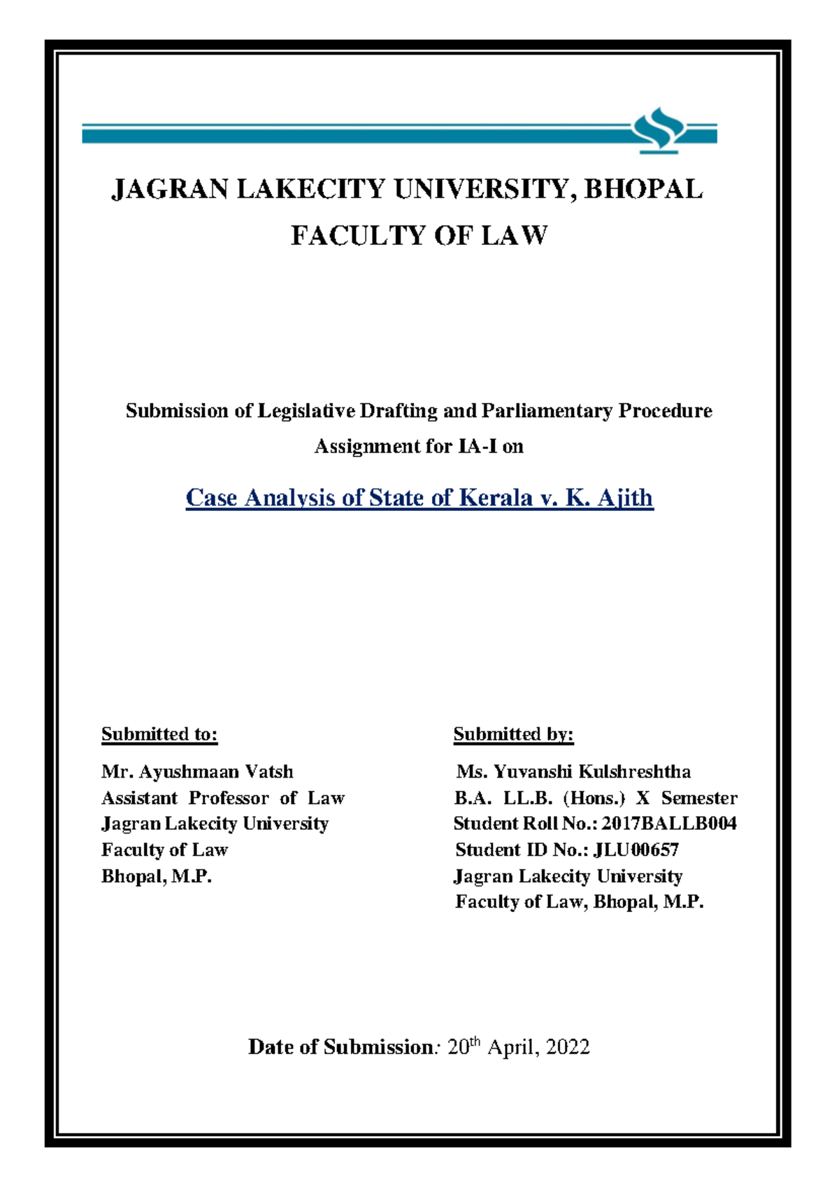 Assignment LD - Case Aalysis - JAGRAN LAKECITY UNIVERSITY, BHOPAL ...