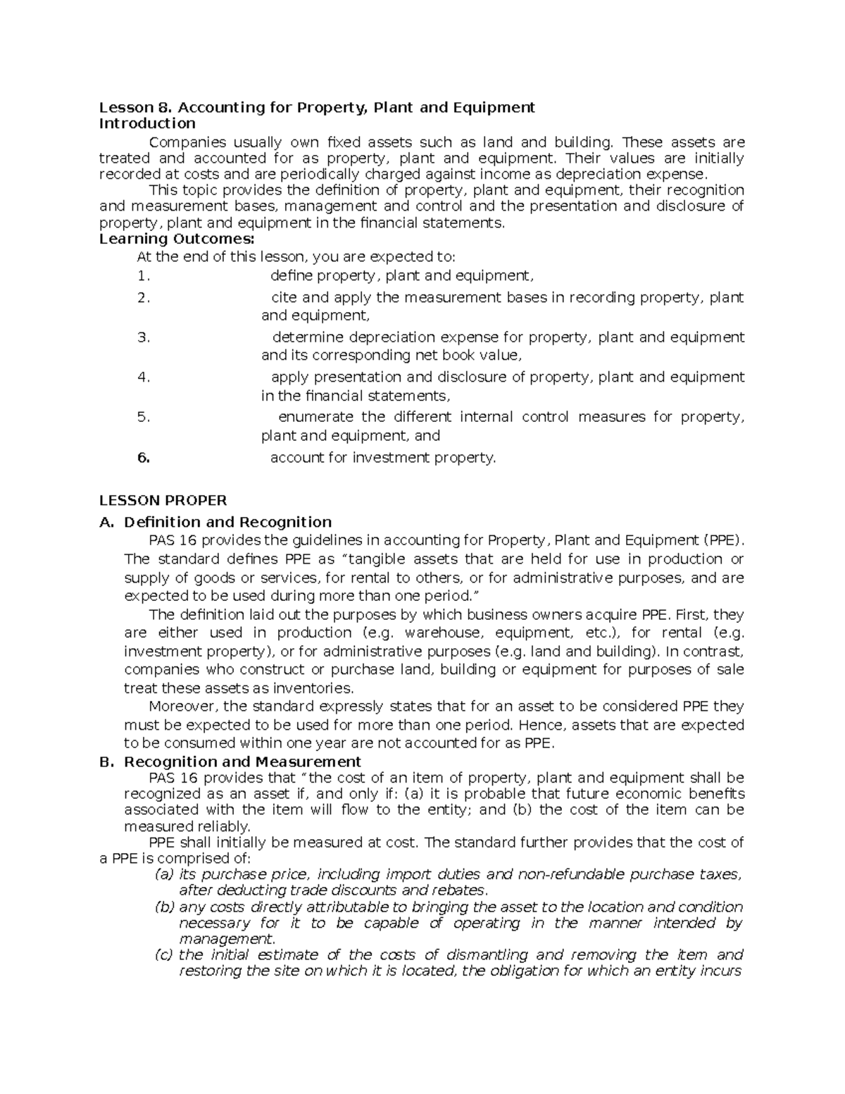 Accounting for ppe - Lecture notes 1 - Lesson 8. Accounting for ...