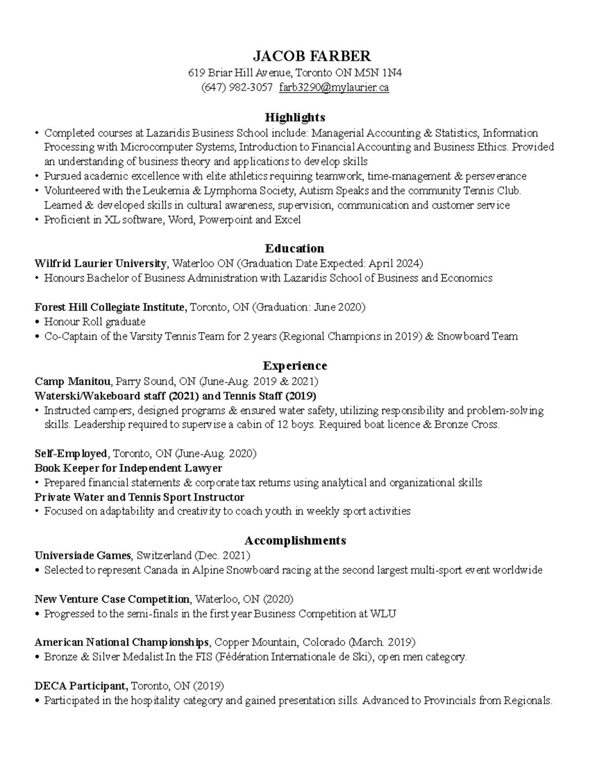 Jacob Resume for u too look at - JACOB FARBER 619 Briar Hill Avenue ...