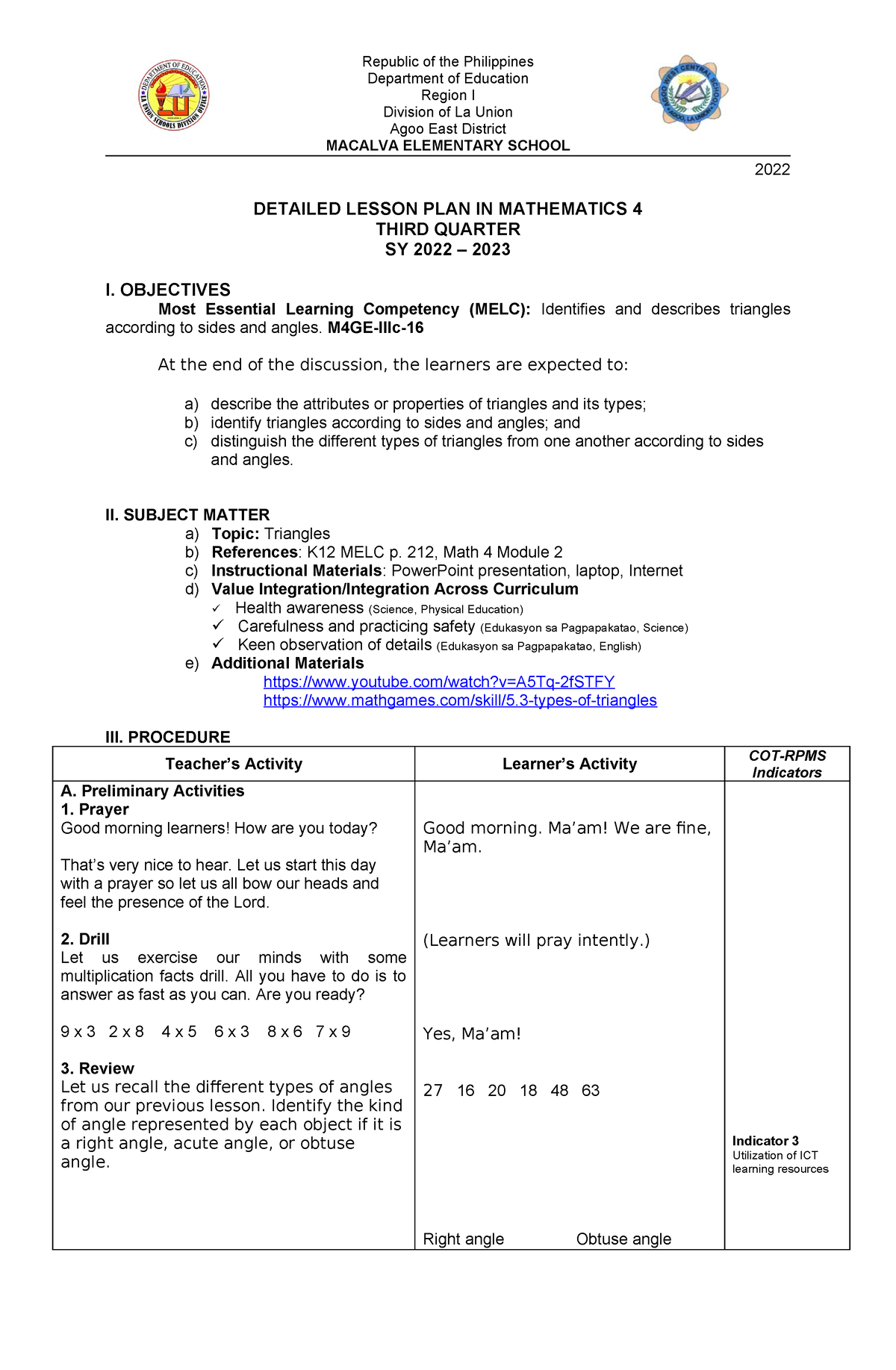 DEMO-MATH-4 COT-1 - COT - Republic of the Philippines Department of ...