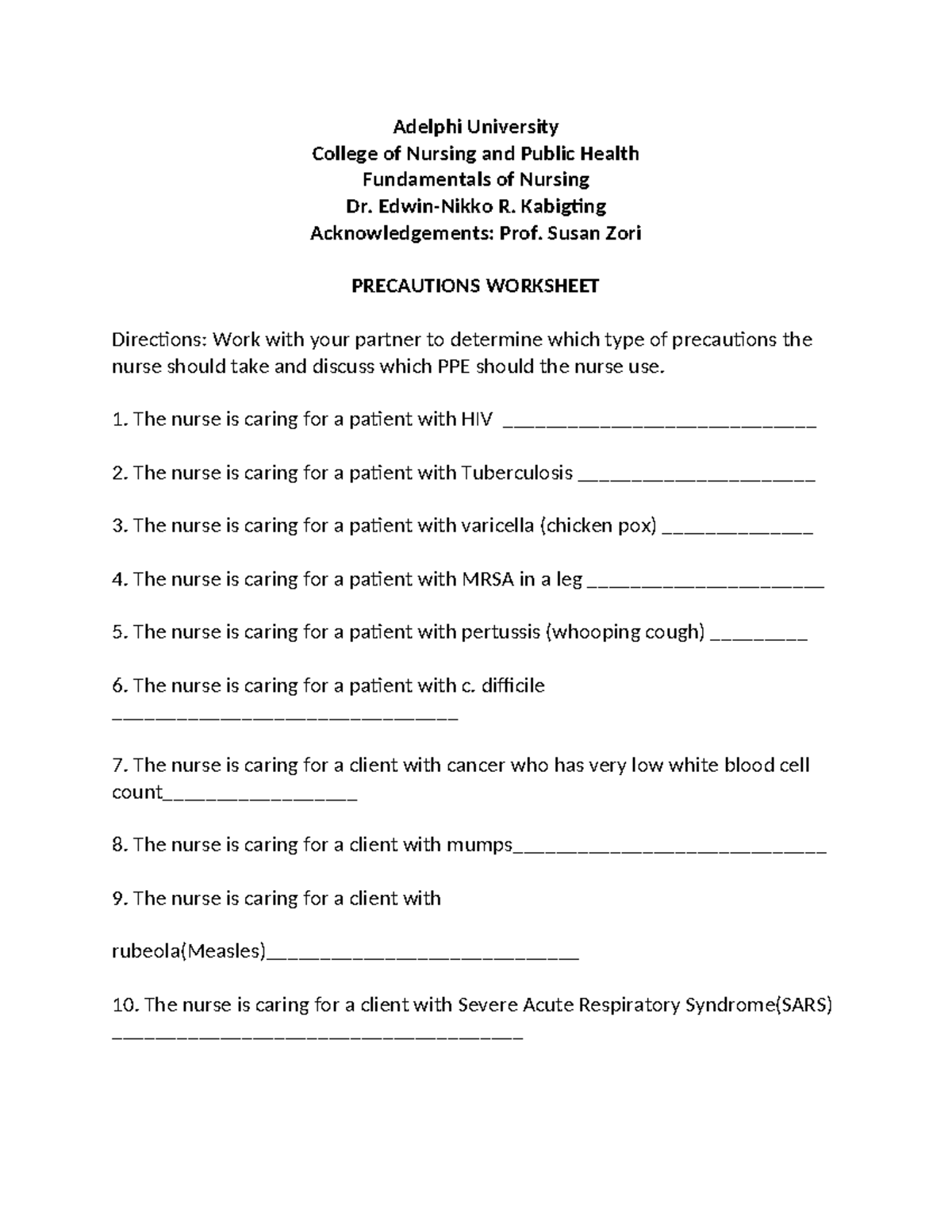 Precautions Exercise - Notes - Adelphi University College of Nursing ...