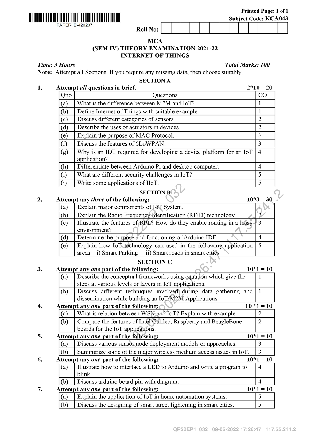 Mca 4 sem internet of things kca043 2022 - QP22EP1_ | 09-06-2022 17:26: ...