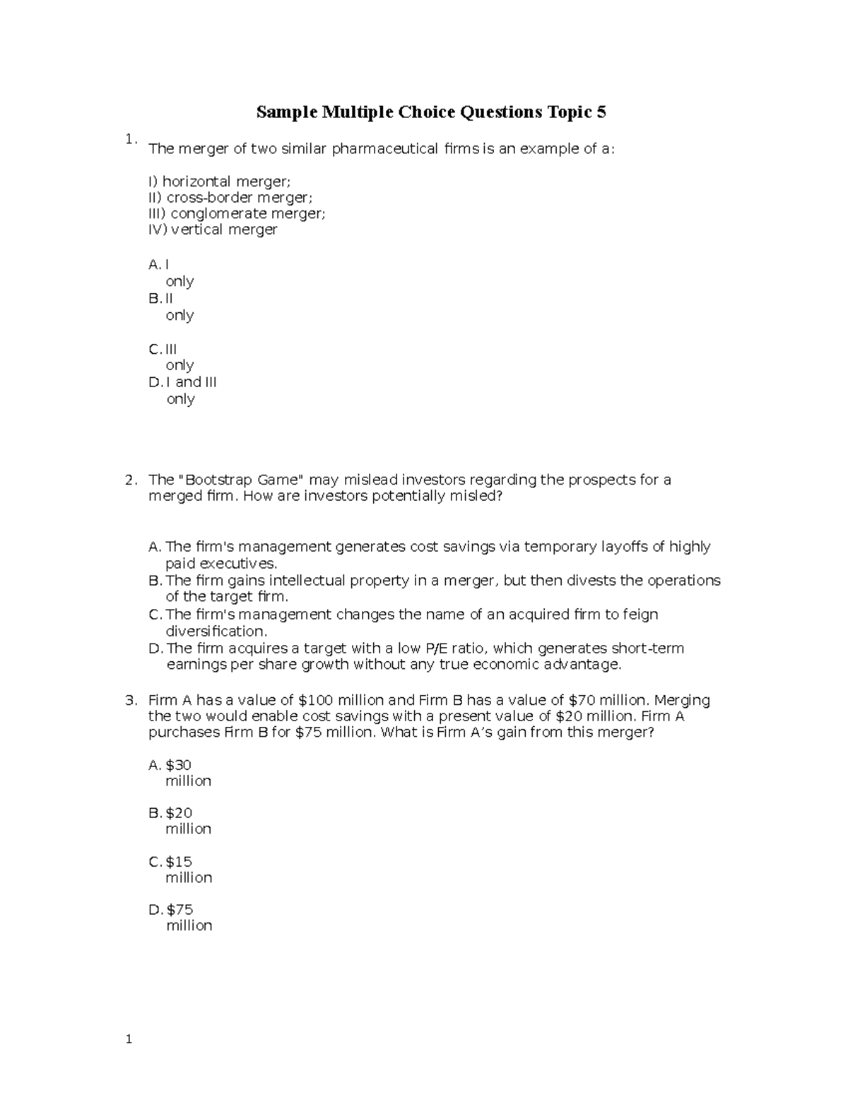 T5 Sample Multiple Choice Questions Topic 5 - Corporate Finance EFB343 ...