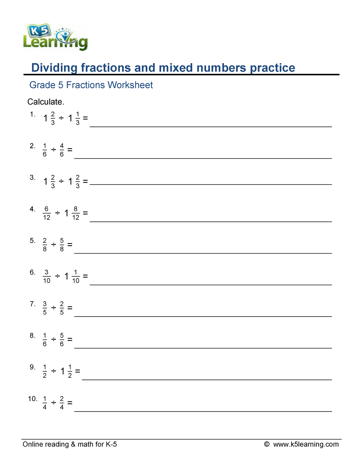 dividing fractions mixed numbers practice d - MATH 265 - Concordia ...