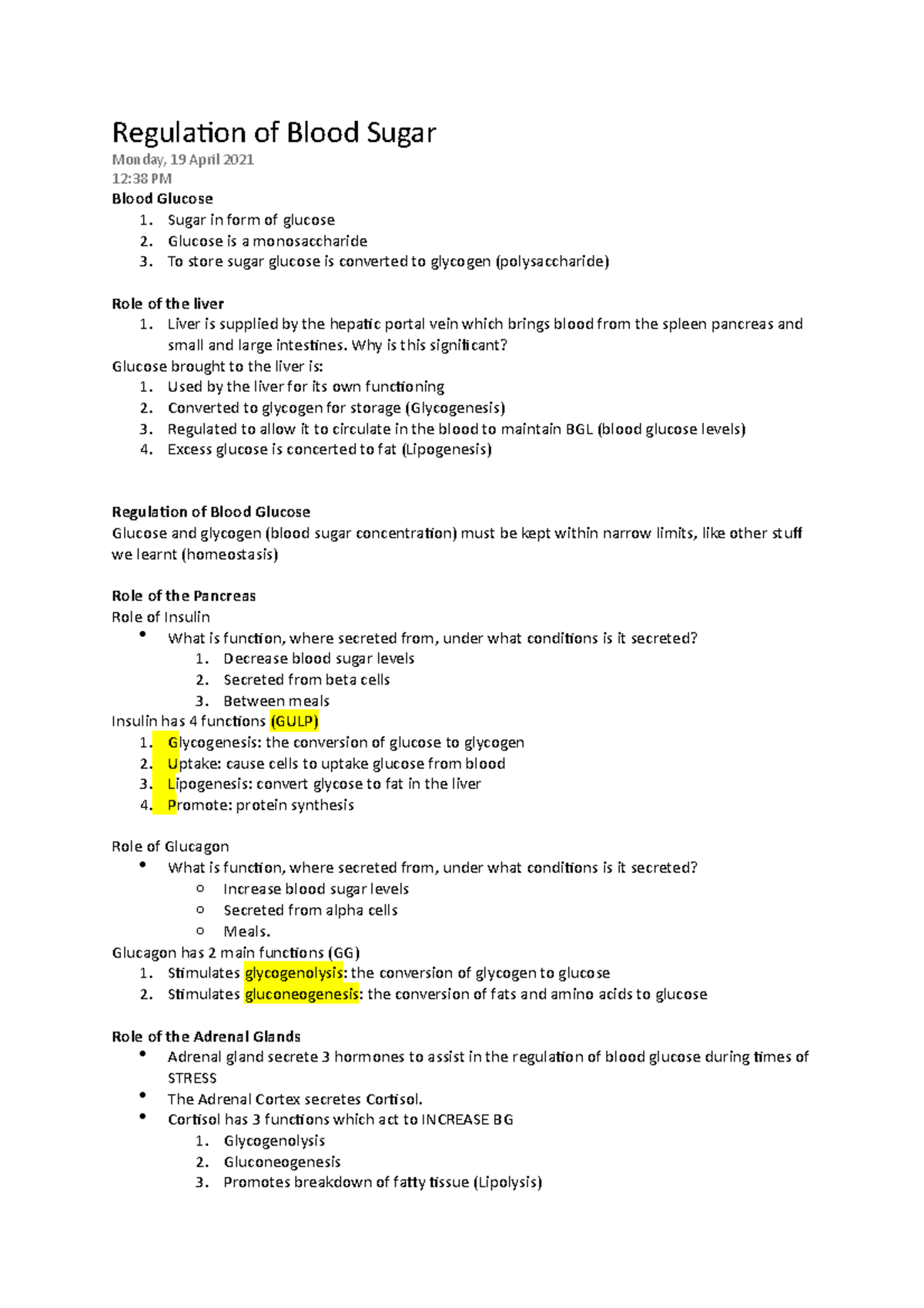 essay on blood sugar regulation