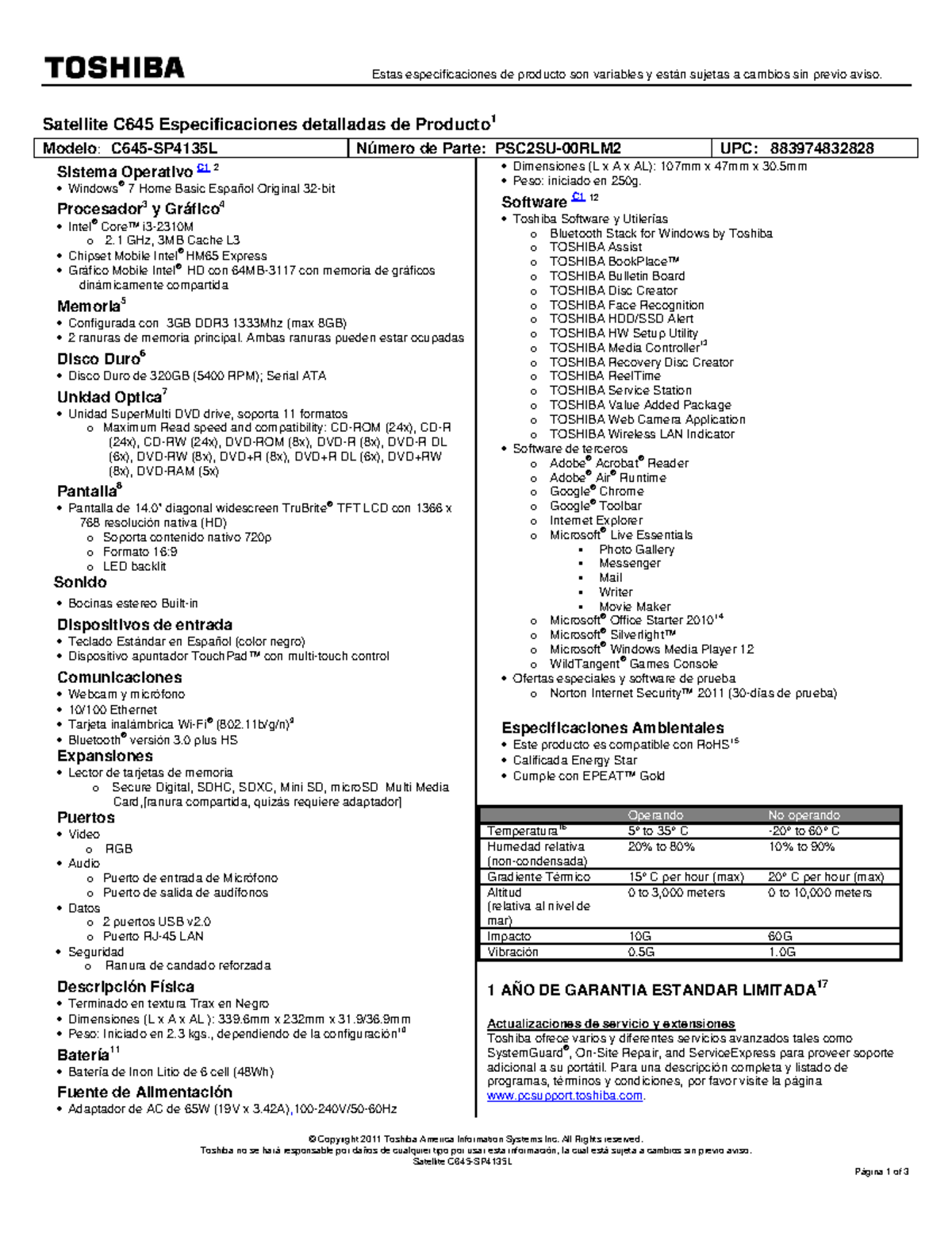 Toshiba C645-SP4135L - Estas especificaciones de producto son variables ...