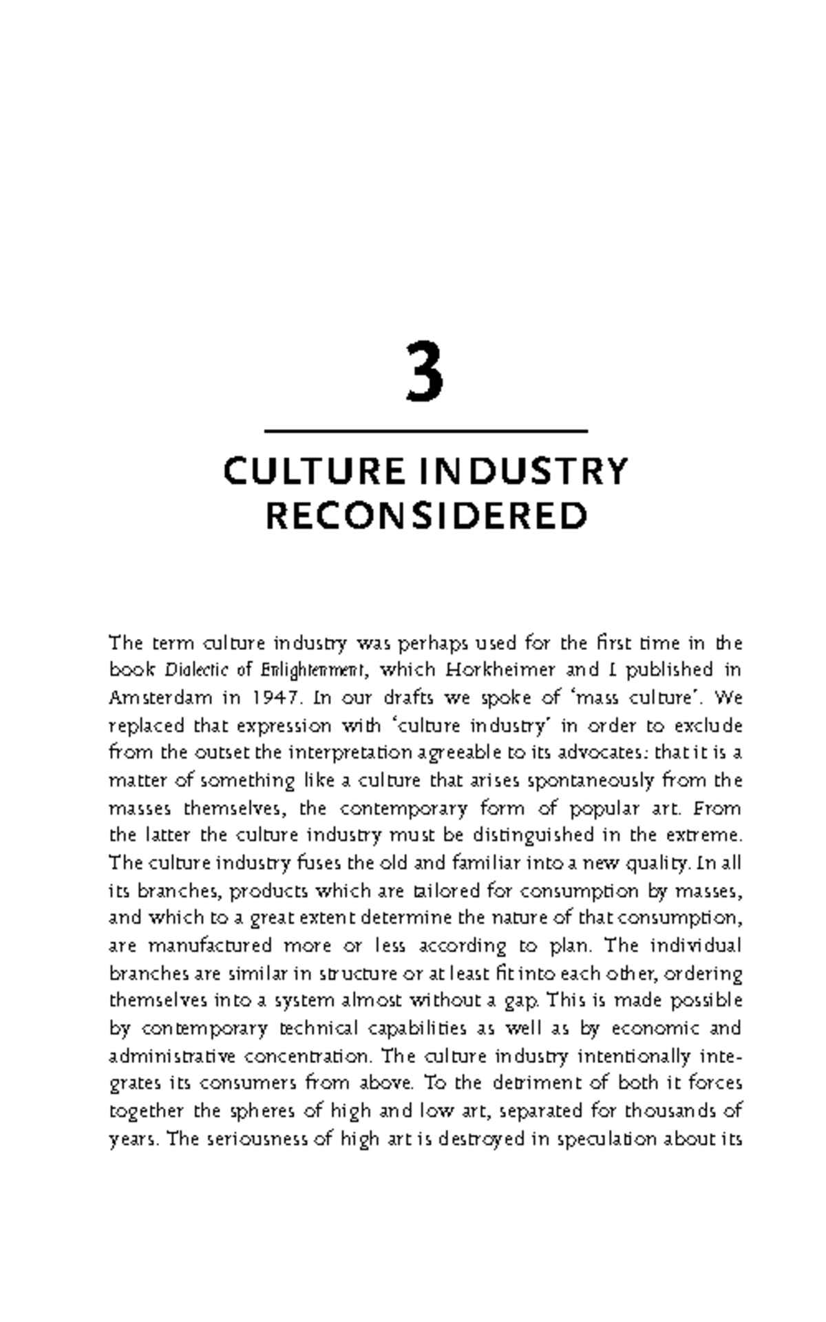 03 The Culture Industry Selected - Theodor W. Adorno - 3 CULTURE ...