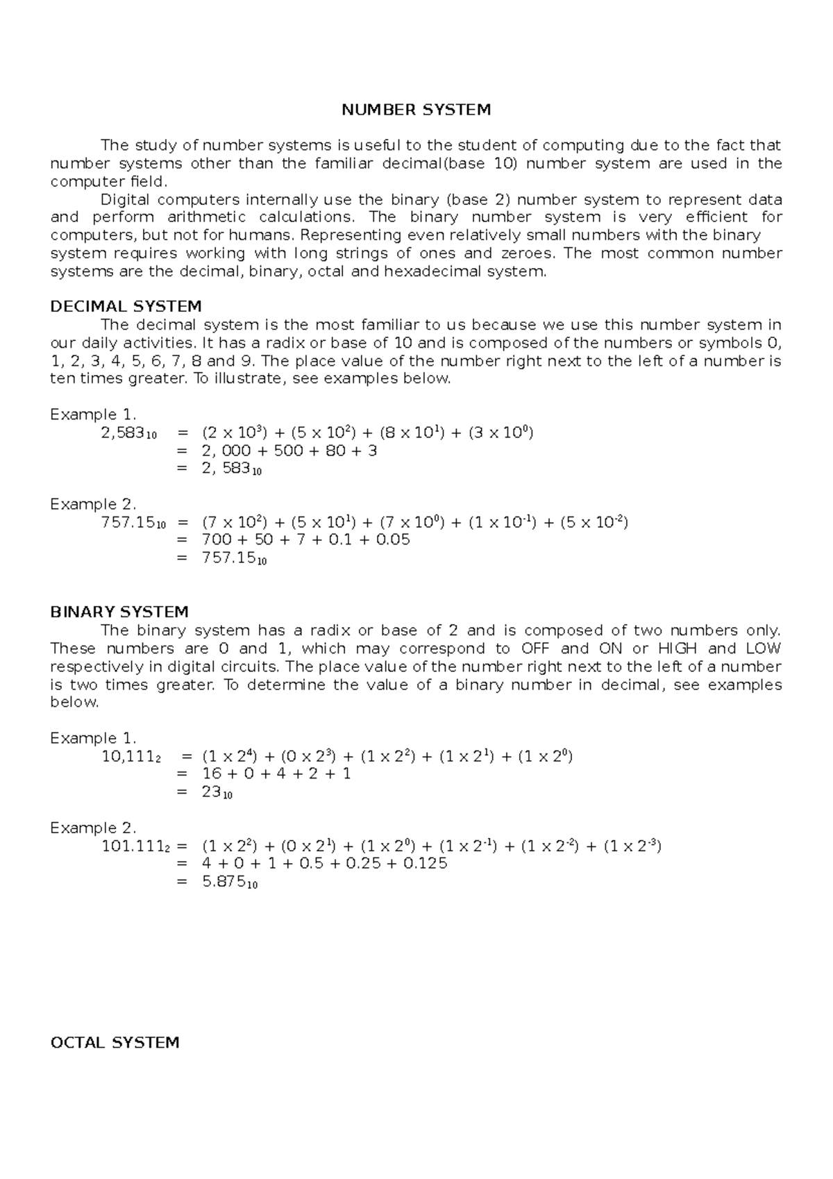 Handouts 3 PLC - PLC - NUMBER SYSTEM The study of number systems is ...