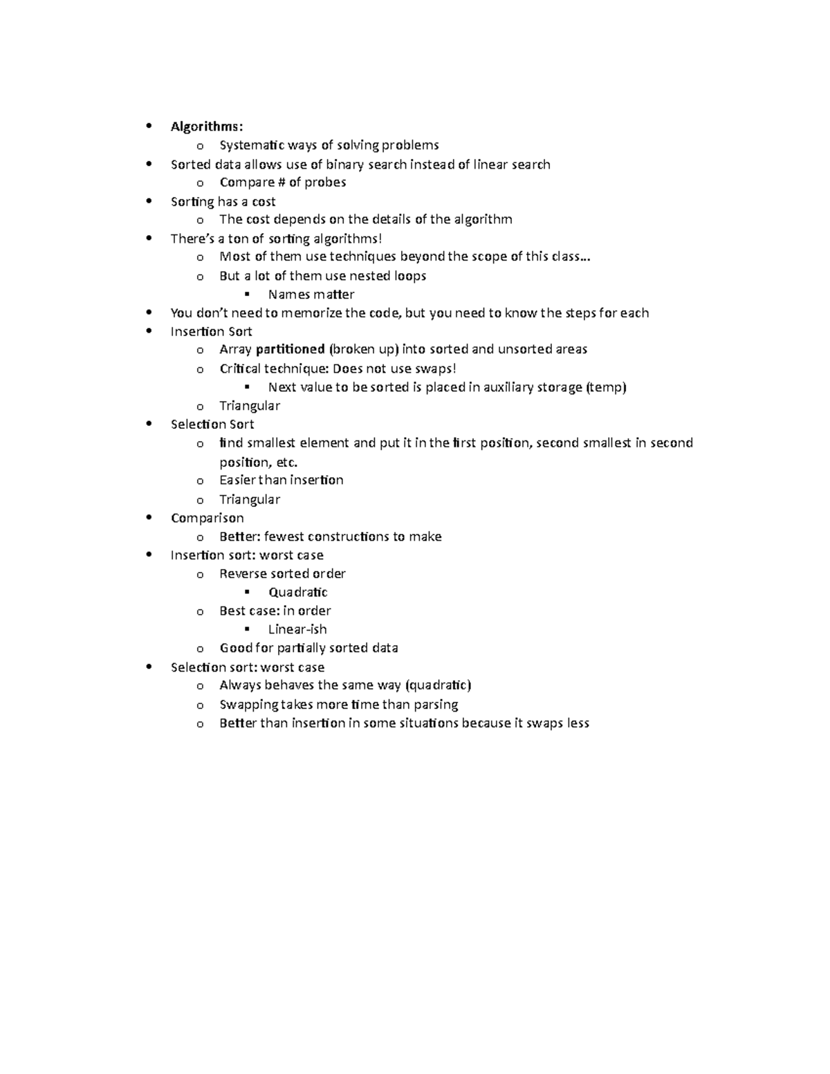 Sorting - Lecture notes 13 - Algorithms: o Systematic ways of solving ...