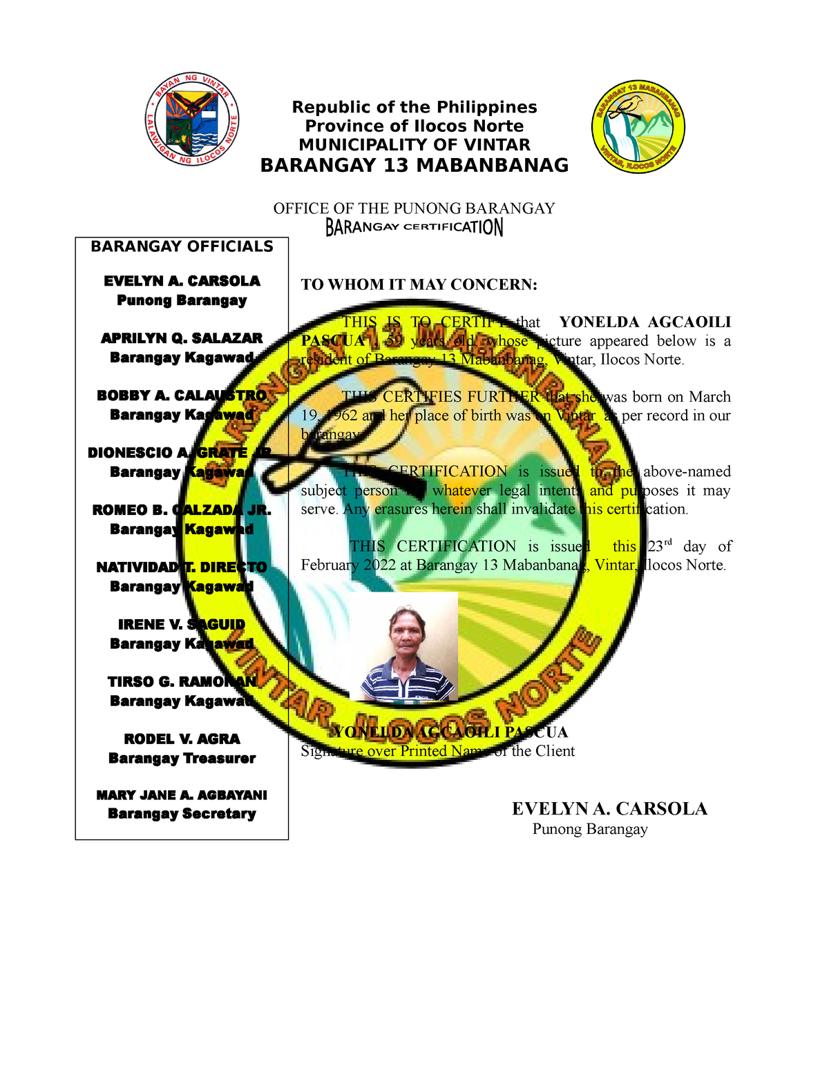 Certification for no id - Republic of the Philippines Province of ...