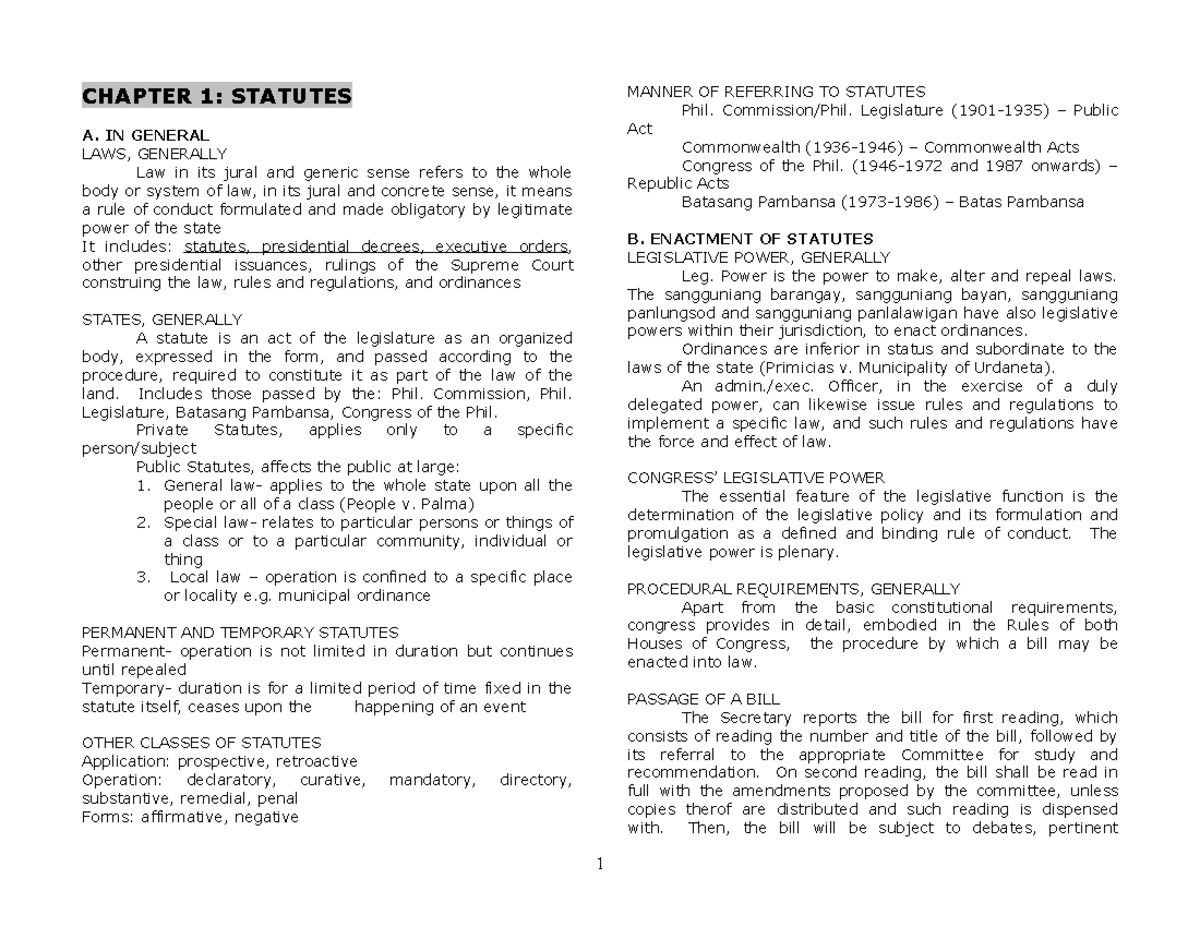 StatconbyAgpaloSummary CHAPTER 1 STATUTES A. IN GENERAL LAWS, GENERALLY Law in its jural
