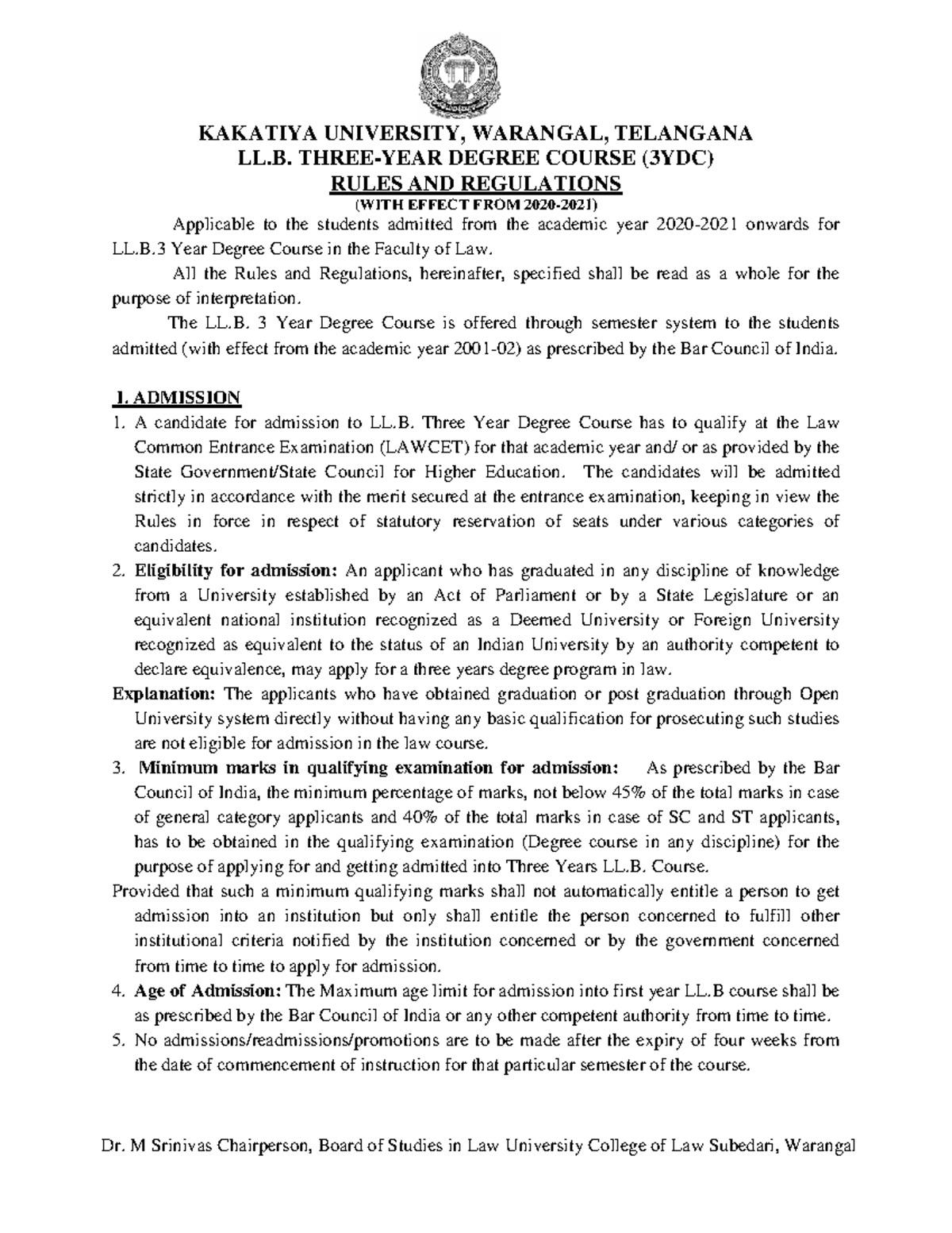 Kakatiya 24 LLB3 Ydcrules - KAKATIYA UNIVERSITY, WARANGAL, TELANGANA LL ...