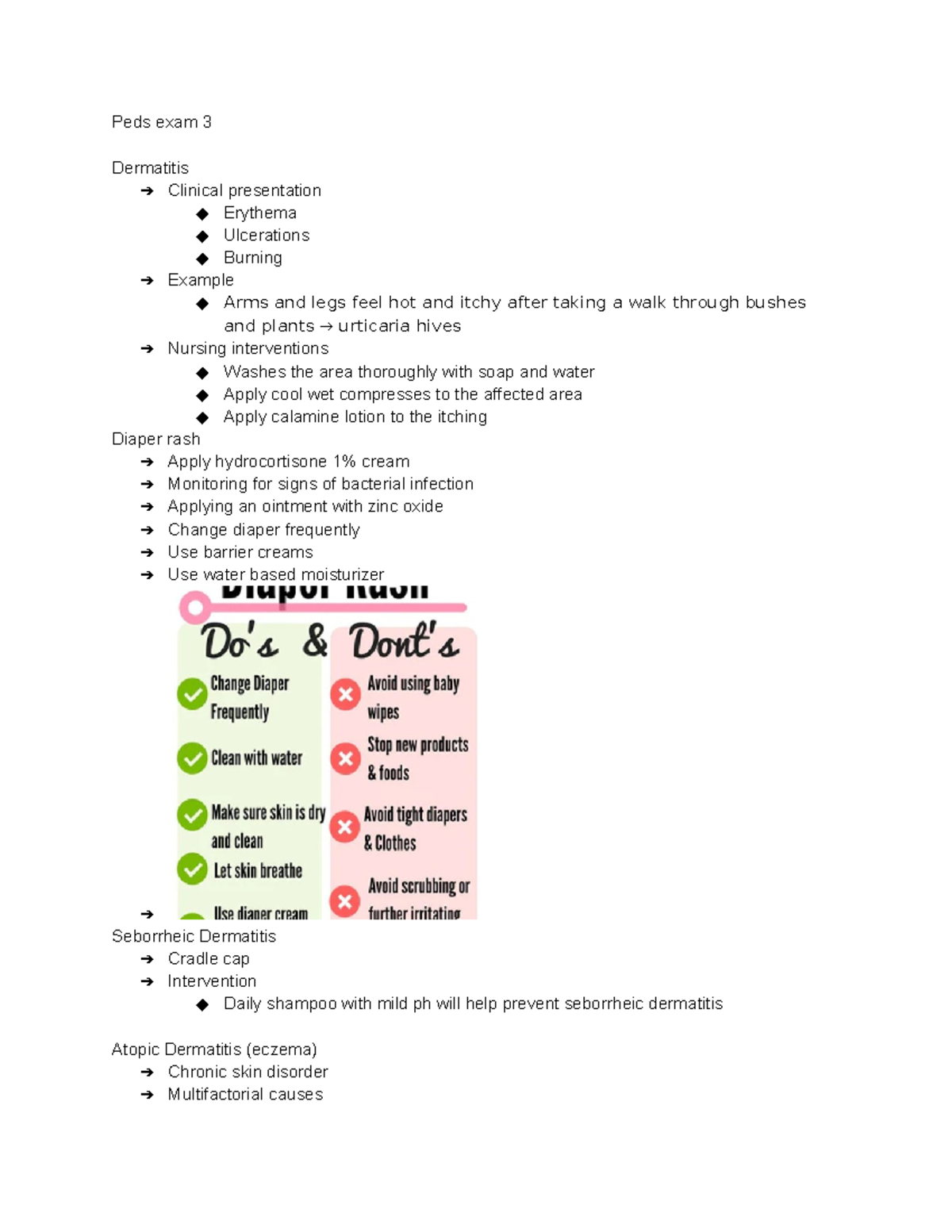 Nur Pediatrics exam 3 - Peds exam 3 Dermatitis Clinical presentation ...