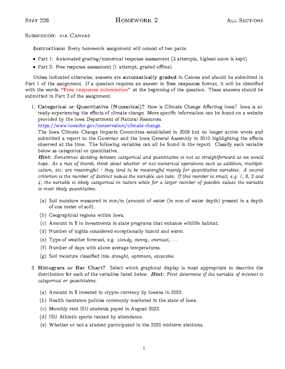 Homework 2 - 123456 - Stat 226 Homework 2 All Sections Submission: via ...