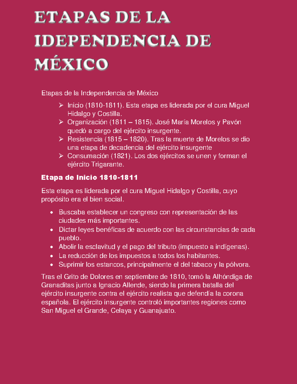 Etapas De La Independencia De México Etapas De La Independencia De México Inicio 1810 1811 4830