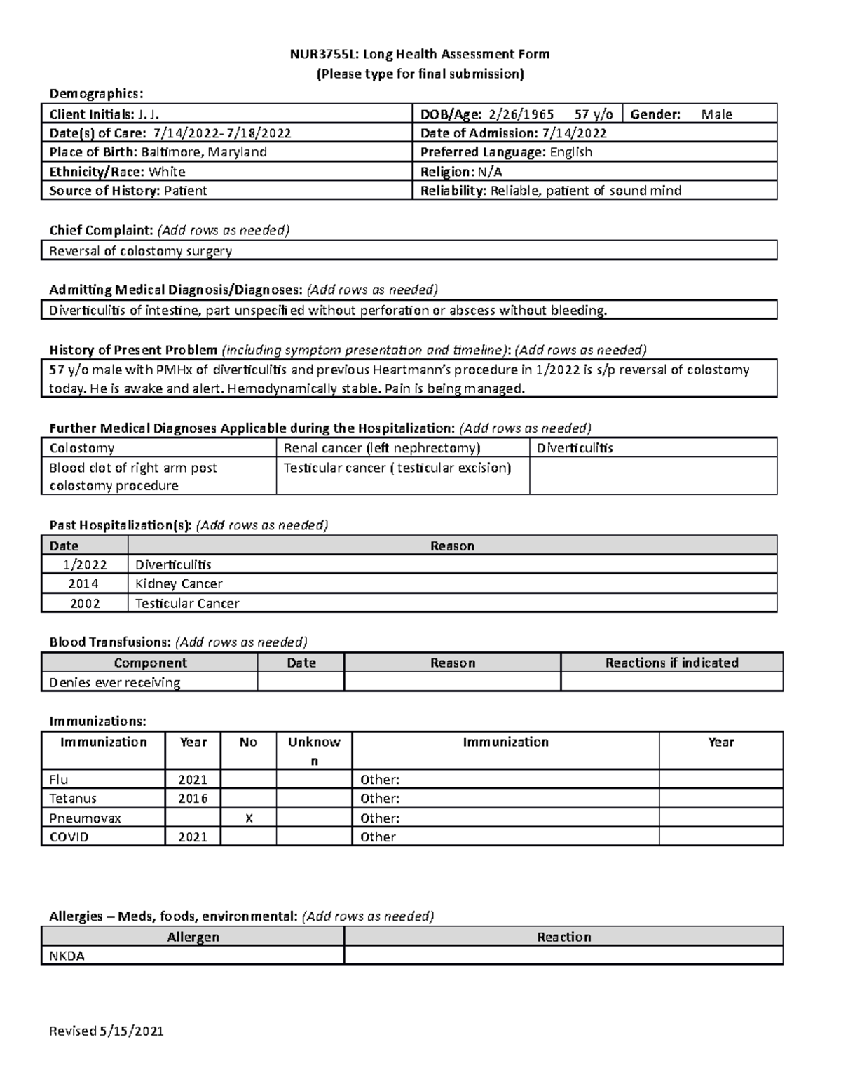 LTC Long Health Assessment Form - NUR3755L: Long Health Assessment Form ...