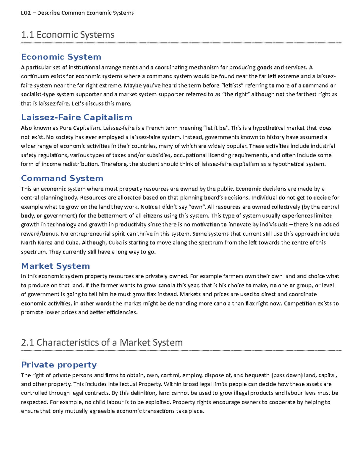 ECON 120 Learning Outcome 2 (Chapter 2) - 1 Economic Systems Economic ...