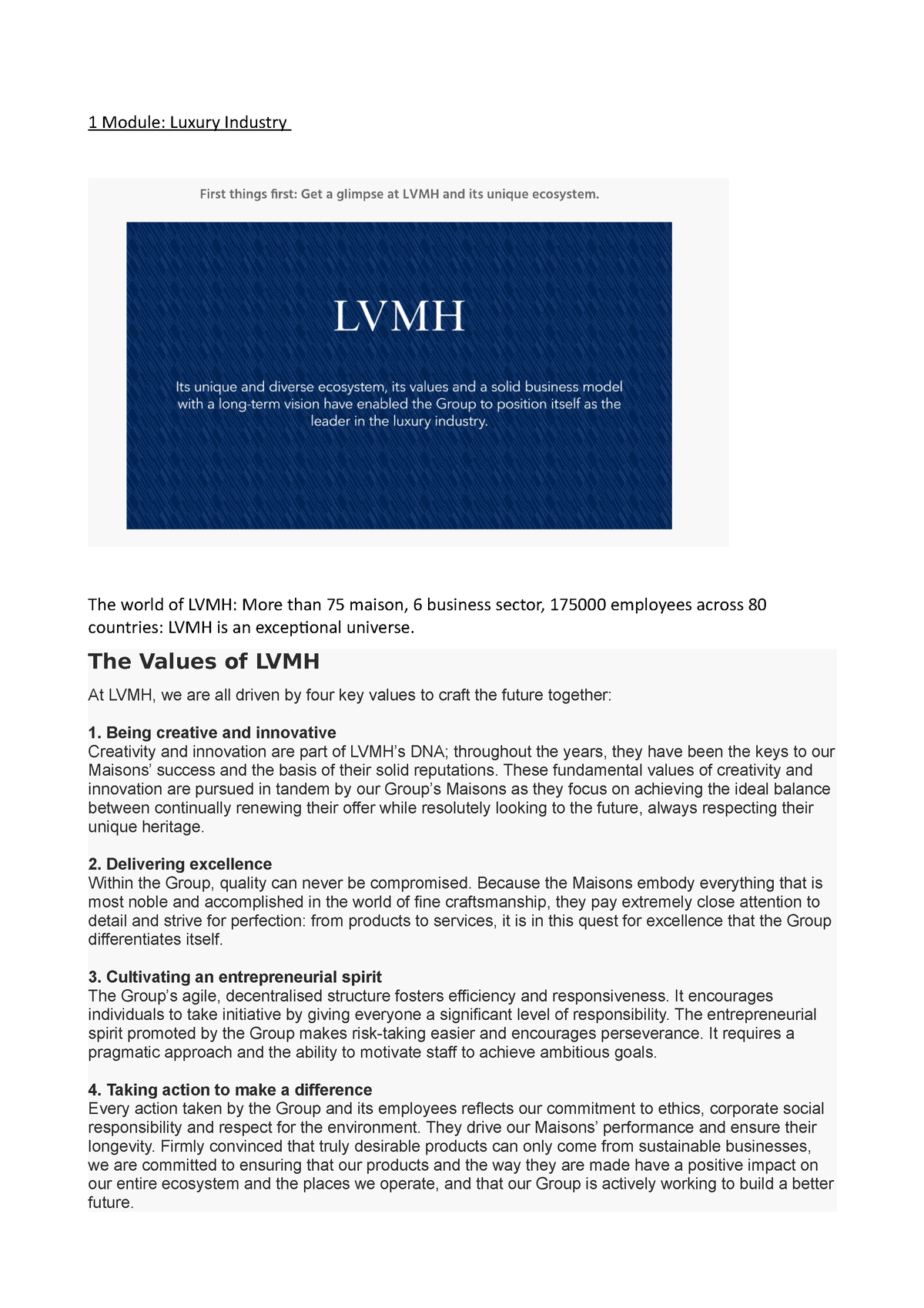 Inside lvmh - module 1 lvmh certificate - module 1 The Values of LVMH At  LVMH, we are all driven by - Studocu