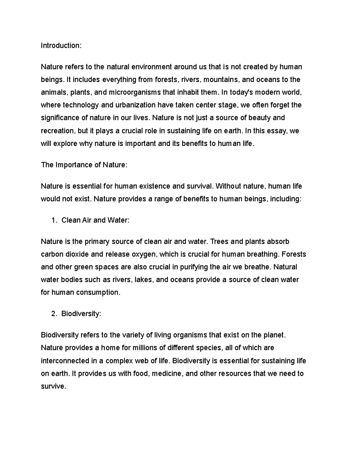 Studoc-3 - Class essay - Introduction: Nature refers to the natural ...