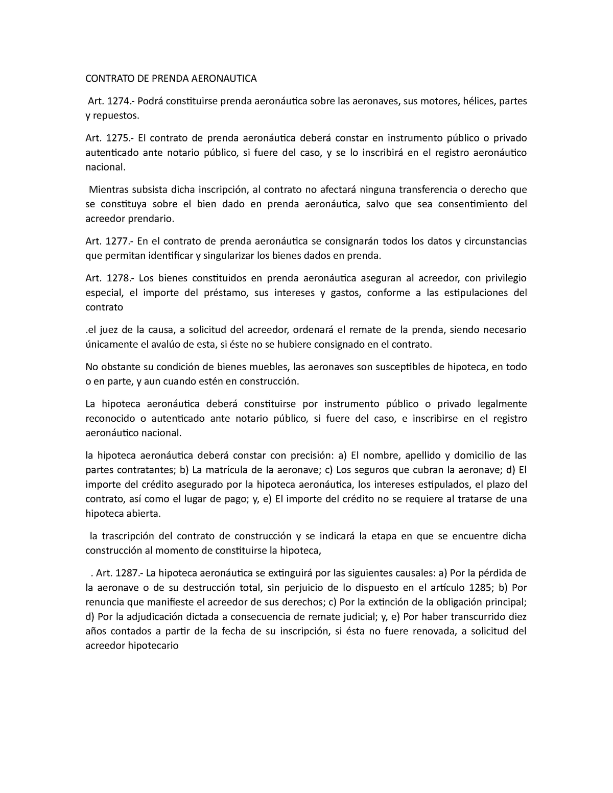 Contrato DE Prenda Aeronautica CONTRATO DE PRENDA AERONAUTICA