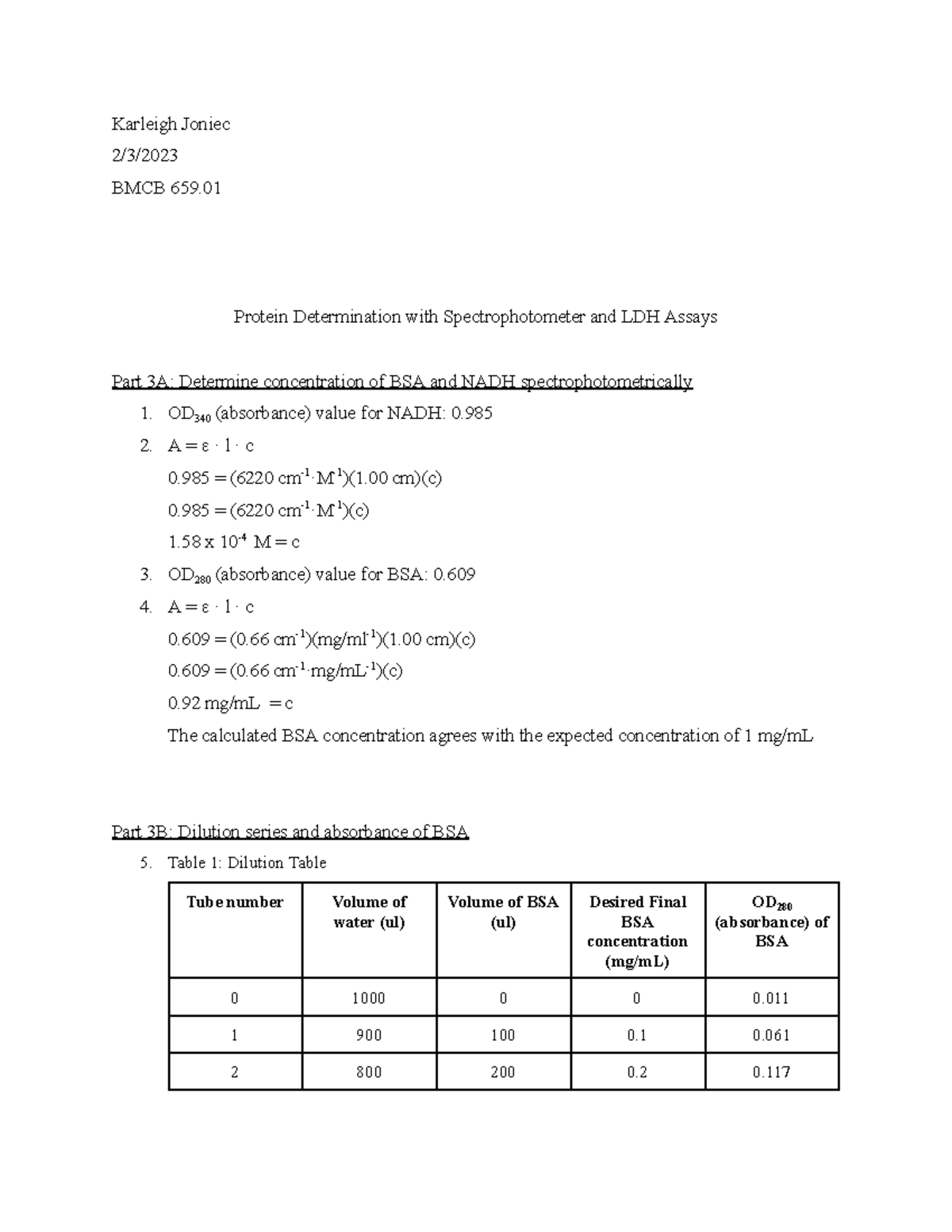 BMCB lab 2 spectrophotometer and LDH assays Karleigh Joniec 2/3