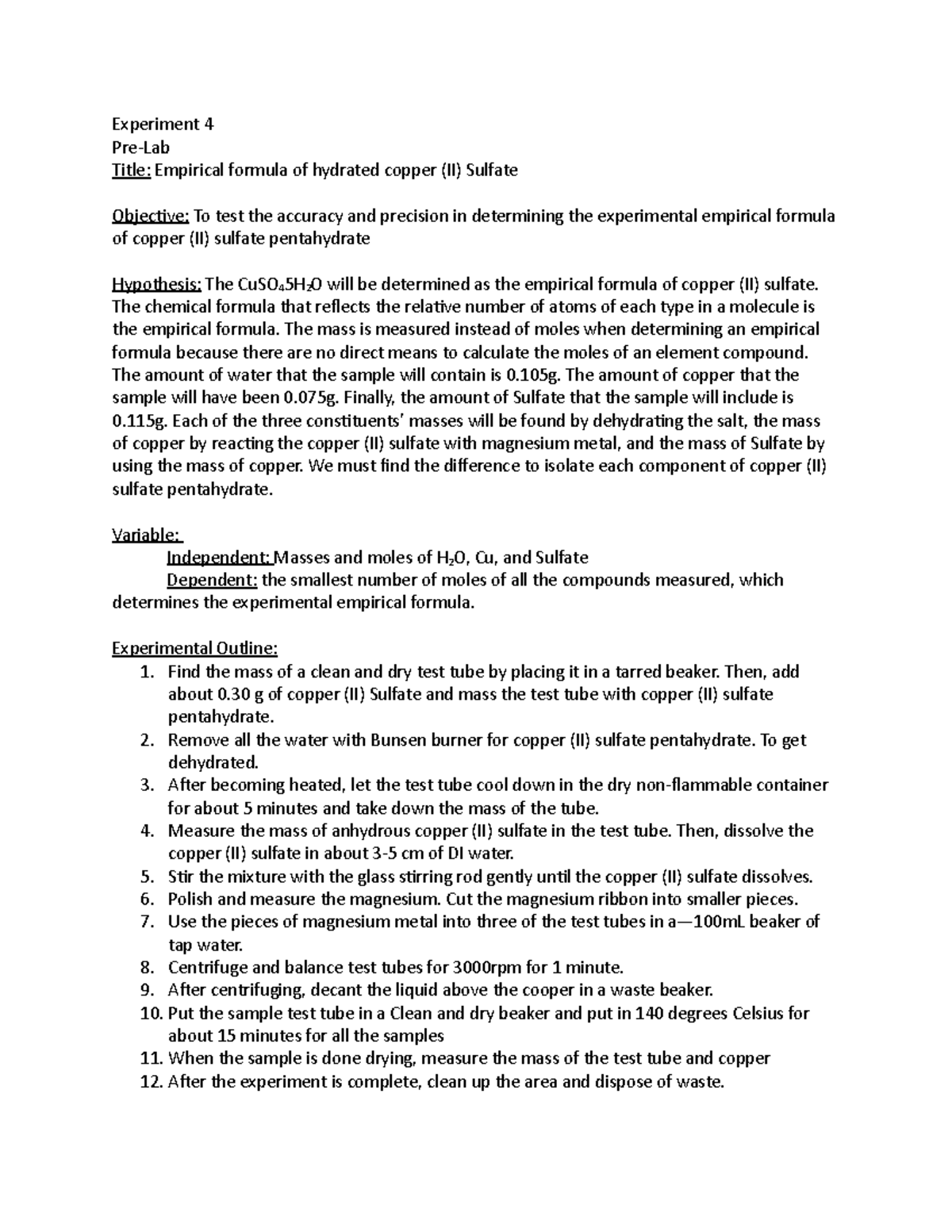 Experiment 4 Empirical formula of hydrated copper (II) sulfate