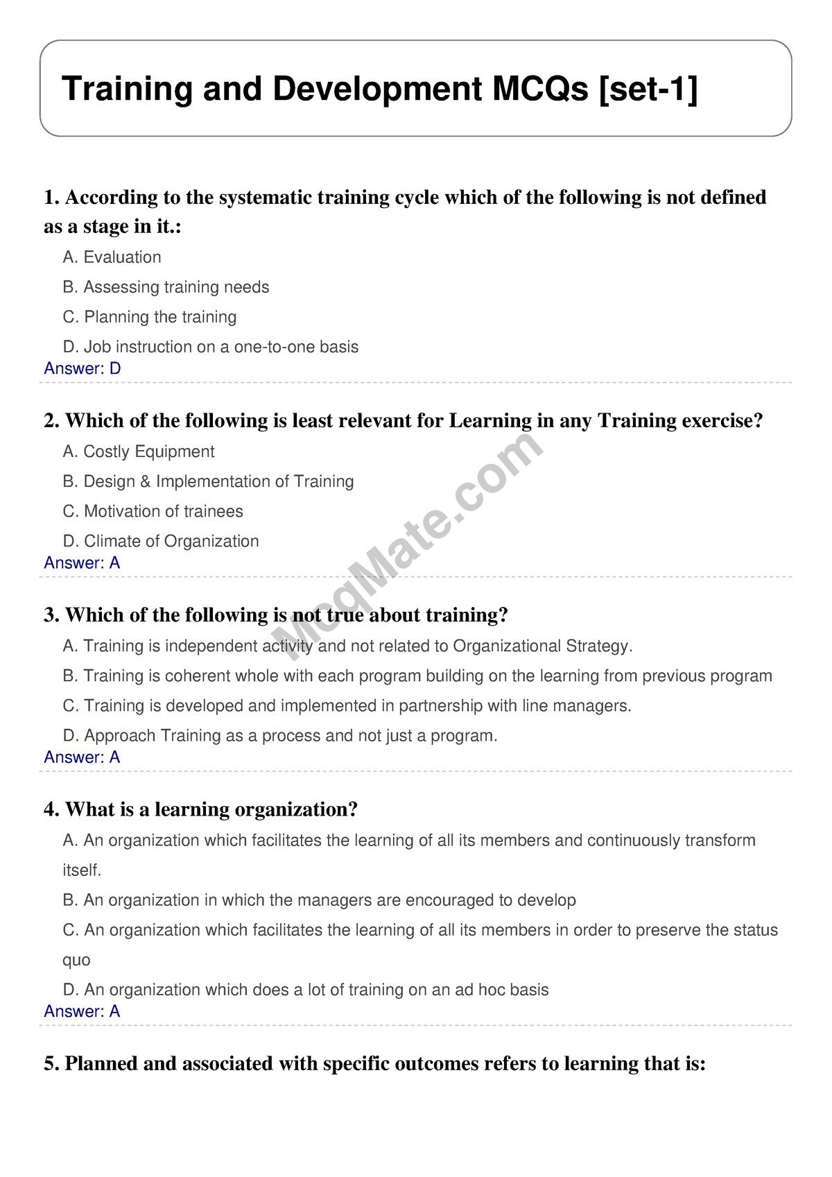 Training And Development (Chapter- More Mcqs) Solved MCQs [set-1] Mcq ...