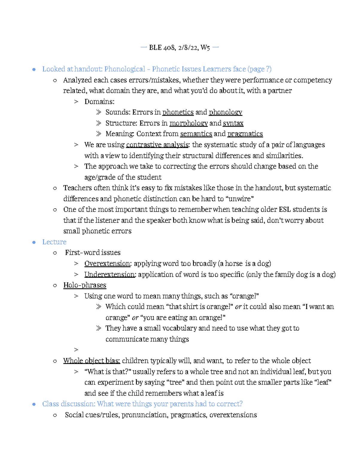 Week 5 Domains of Language Acquisition and In Class Activity 一BLE 408