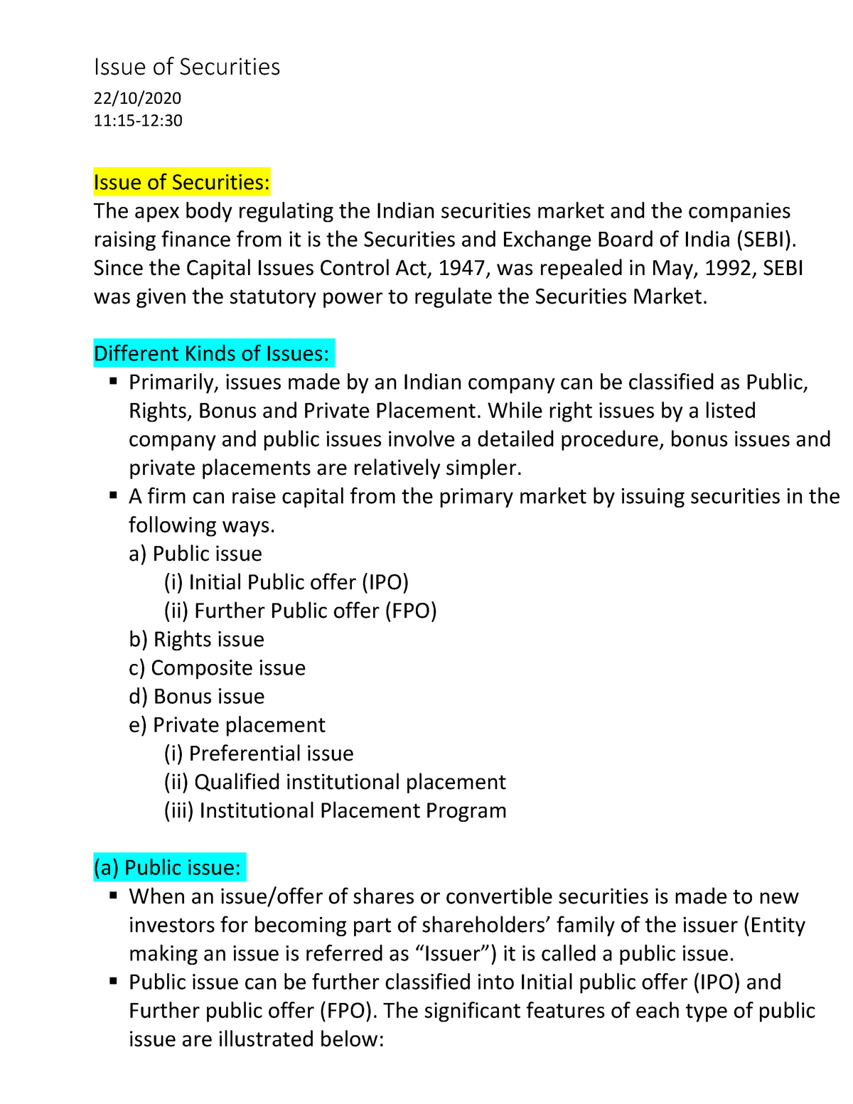 Issue Of Securities - /ƐƐƵĞ ŽĨ ^ĞĐƵƌŝƚŝĞƐ͗ - Studocu