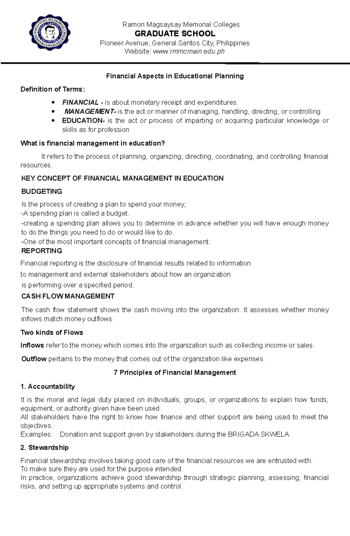 Financial Aspects ( Handouts) - Ramon Magsaysay Memorial Colleges ...