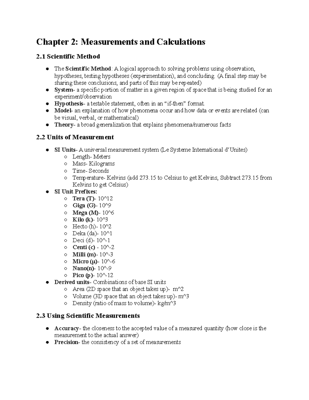 Chemistry Measurements And Calculations Chapter 2 Measurements and