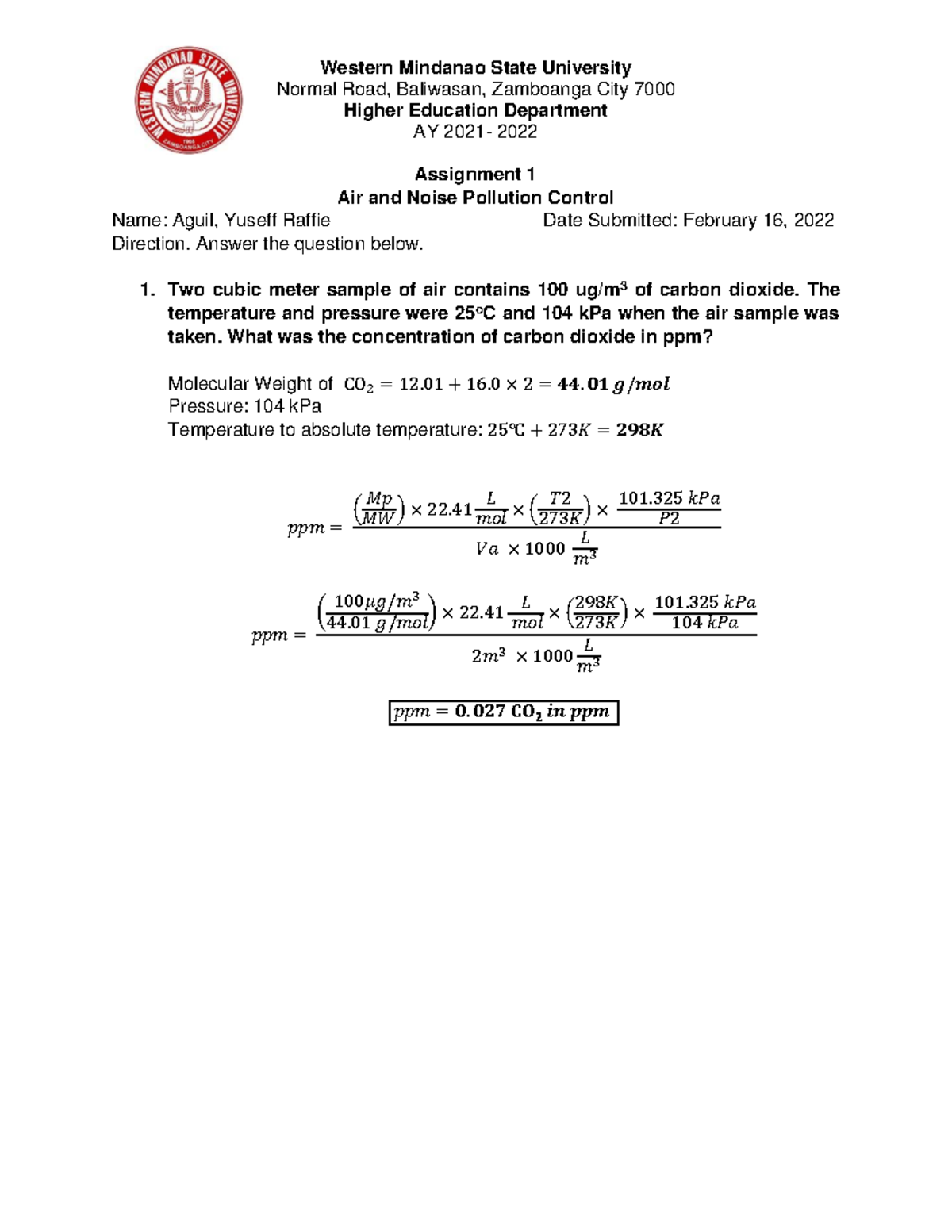 Air and Noise Pollution Control 1 - Western Mindanao State University ...