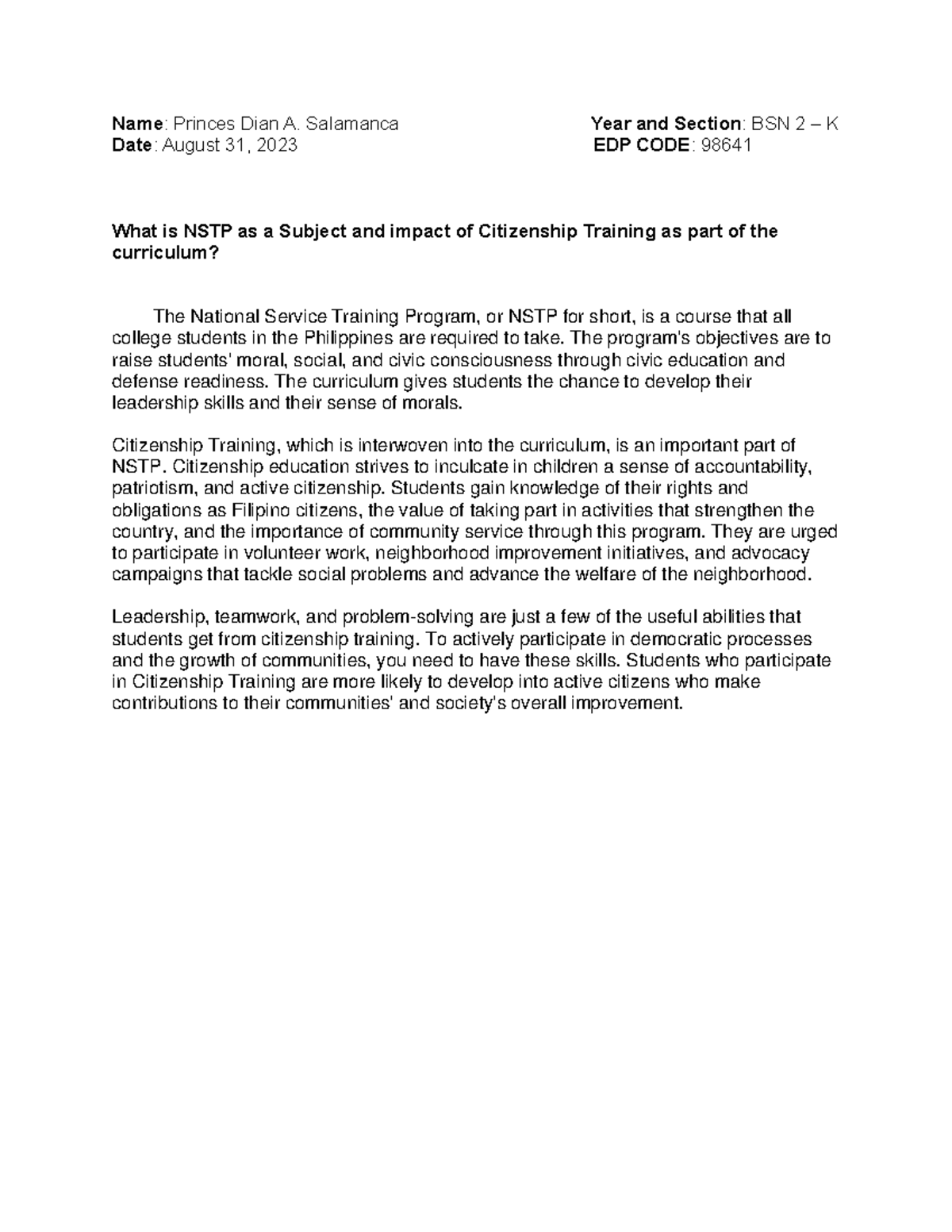 98641 Salamanca Name Princes Dian A. Salamanca Year and Section