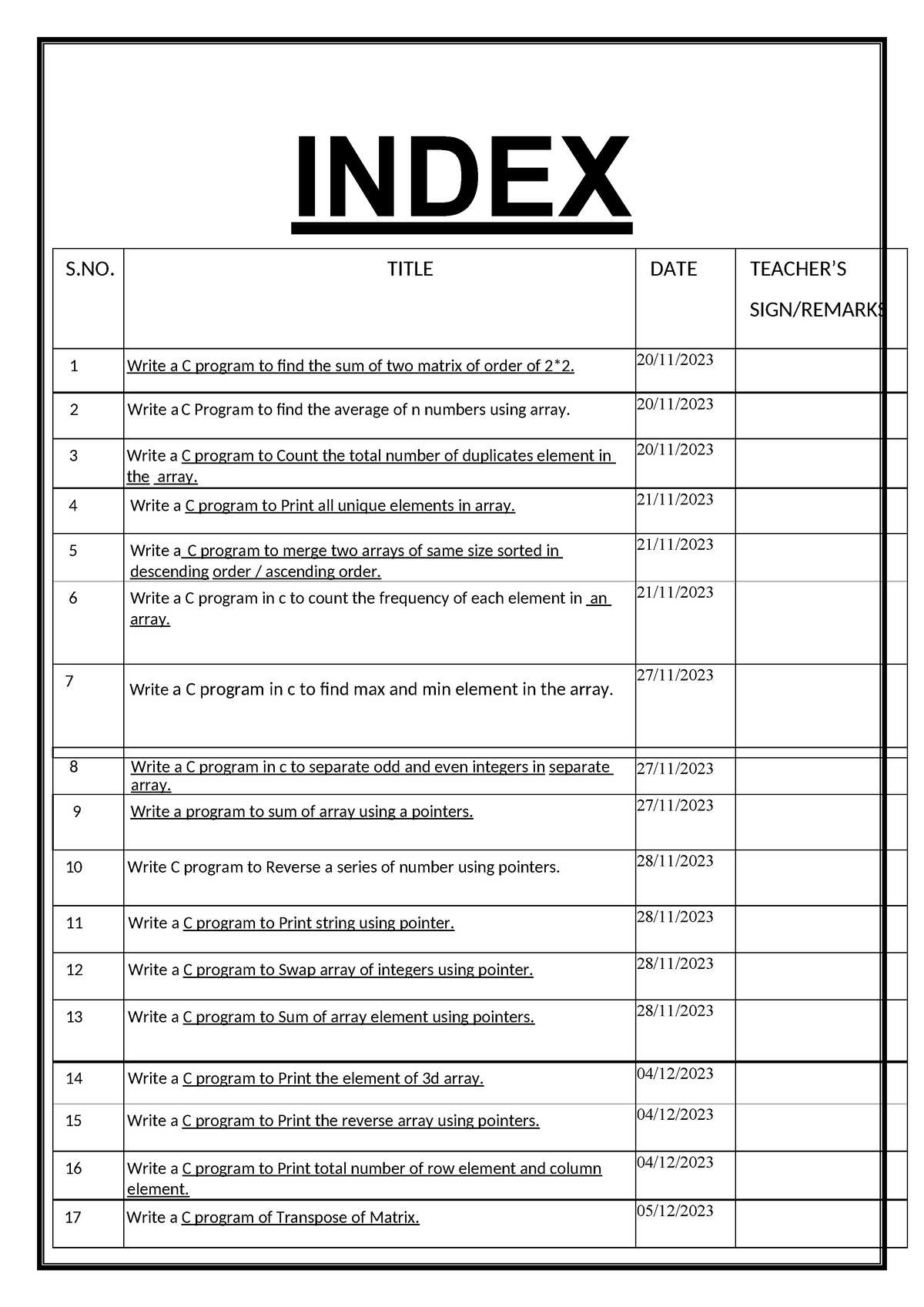 Index new file of c programming - INDEX INDEX S. TITLE DATE TEACHER’S ...