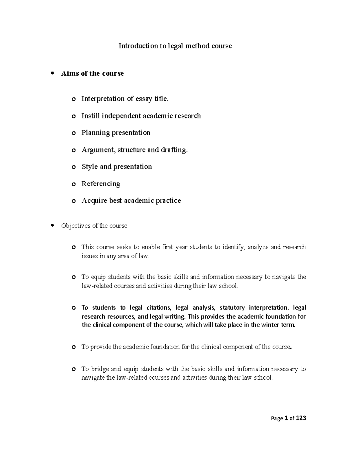 Legal Method Notes 1 - Introduction to legal method course Aims of the ...