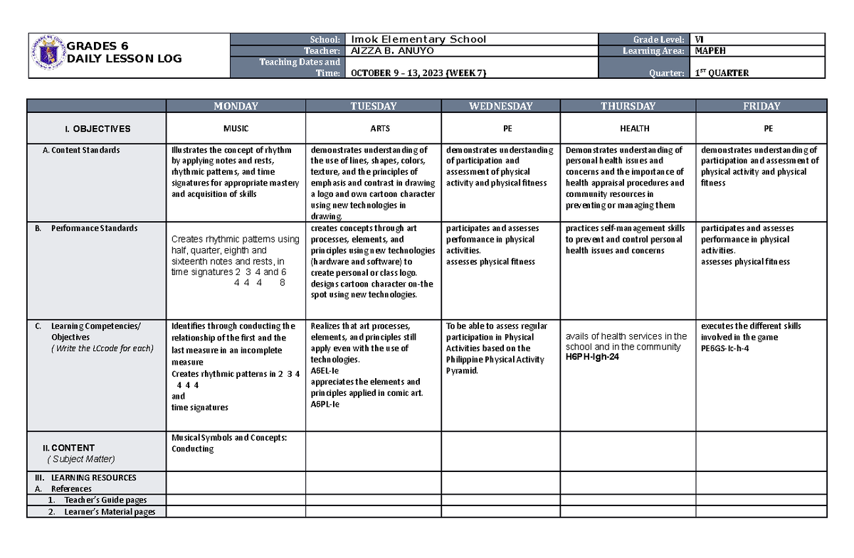 DLL Mapeh-6 Q1 W7 - Sample DLL used in public schools - GRADES 6 DAILY ...