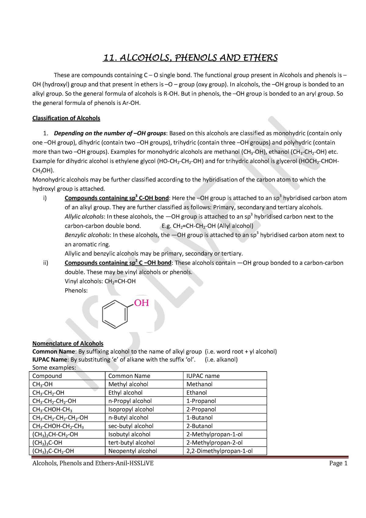 11. Alcohols-Phenols And Ethers-anil-hsslive - 11. ALCOHOLS, PHENOLS ...